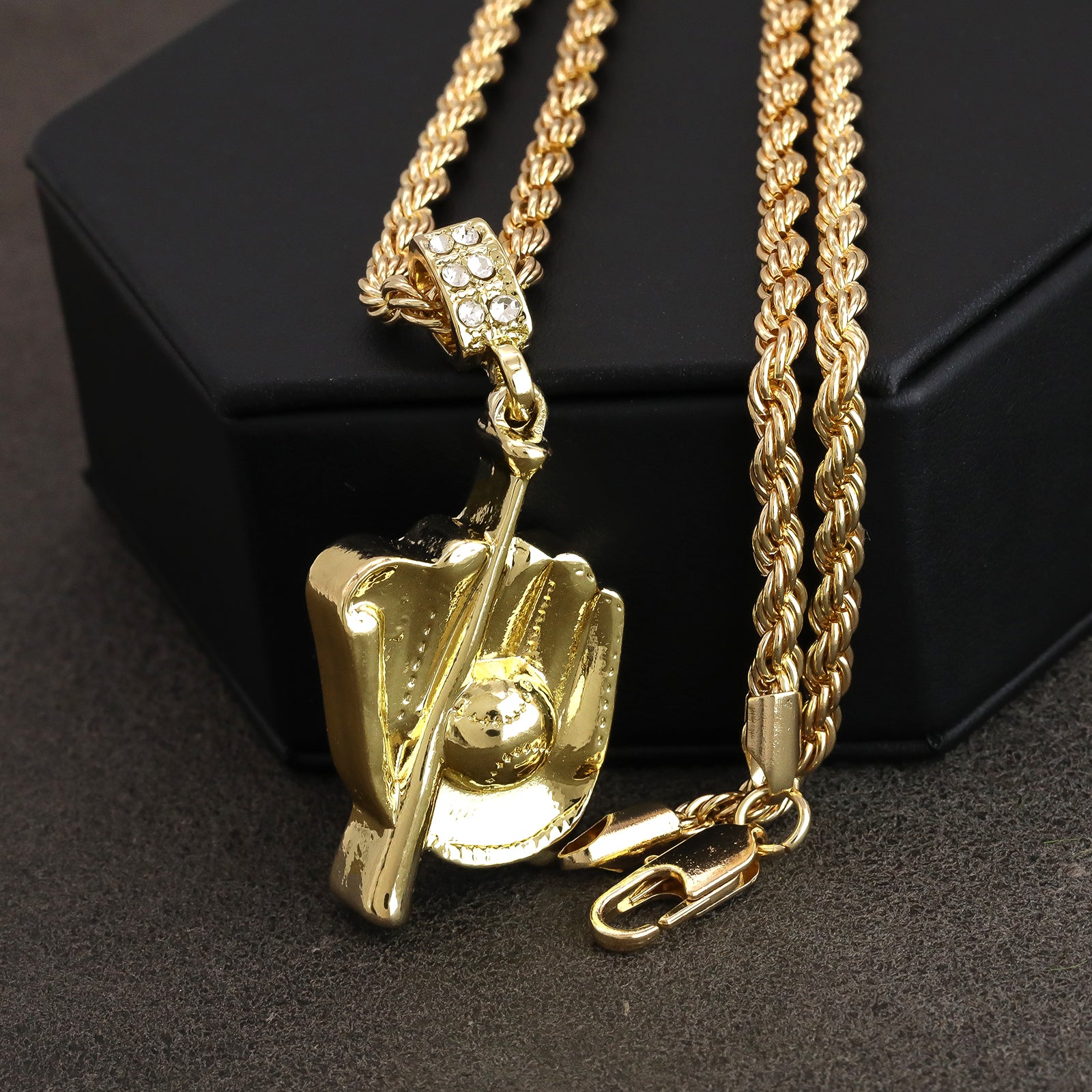Baseball Glove Mitt Bat Pendant 30" Rope Chain Hip Hop Style 18k Gold Plated