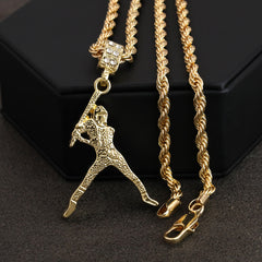 Baseball Player Pendant 30" Rope Chain Hip Hop Style 18k Gold Plated