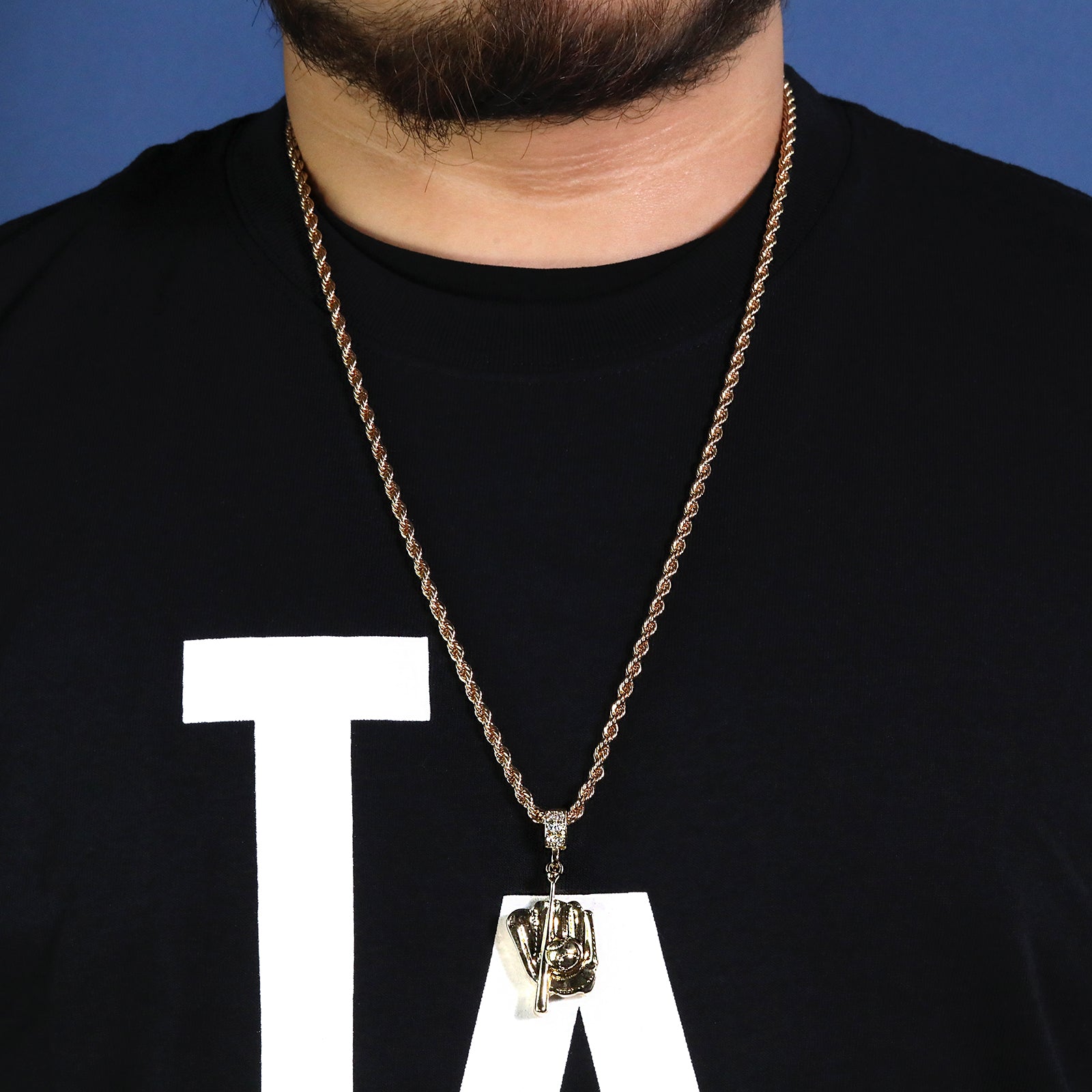 Baseball Glove Mitt Bat Pendant 30" Rope Chain Hip Hop Style 18k Gold Plated