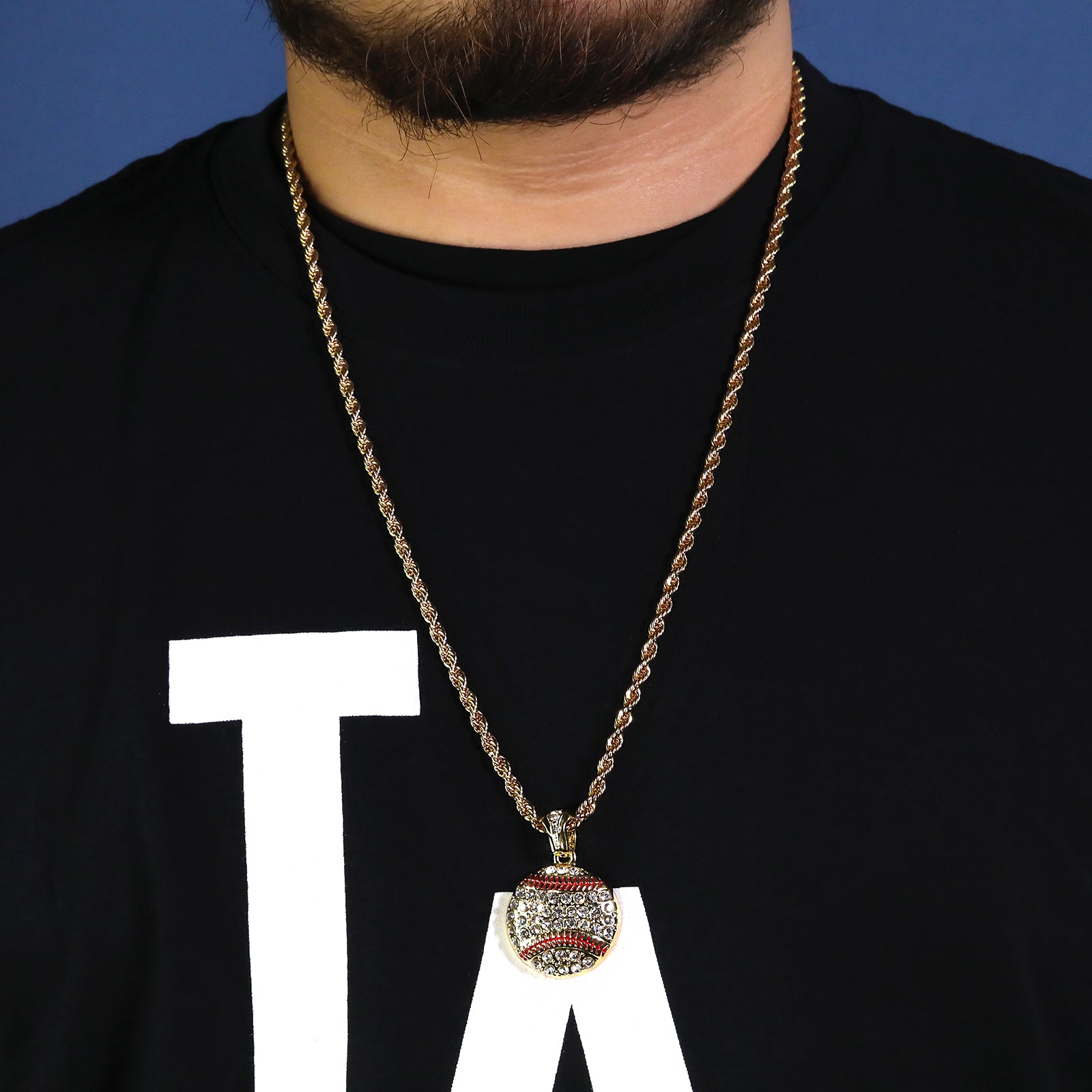 Cz Baseball Pendant 30" Rope Chain Hip Hop Style 18k Gold Plated