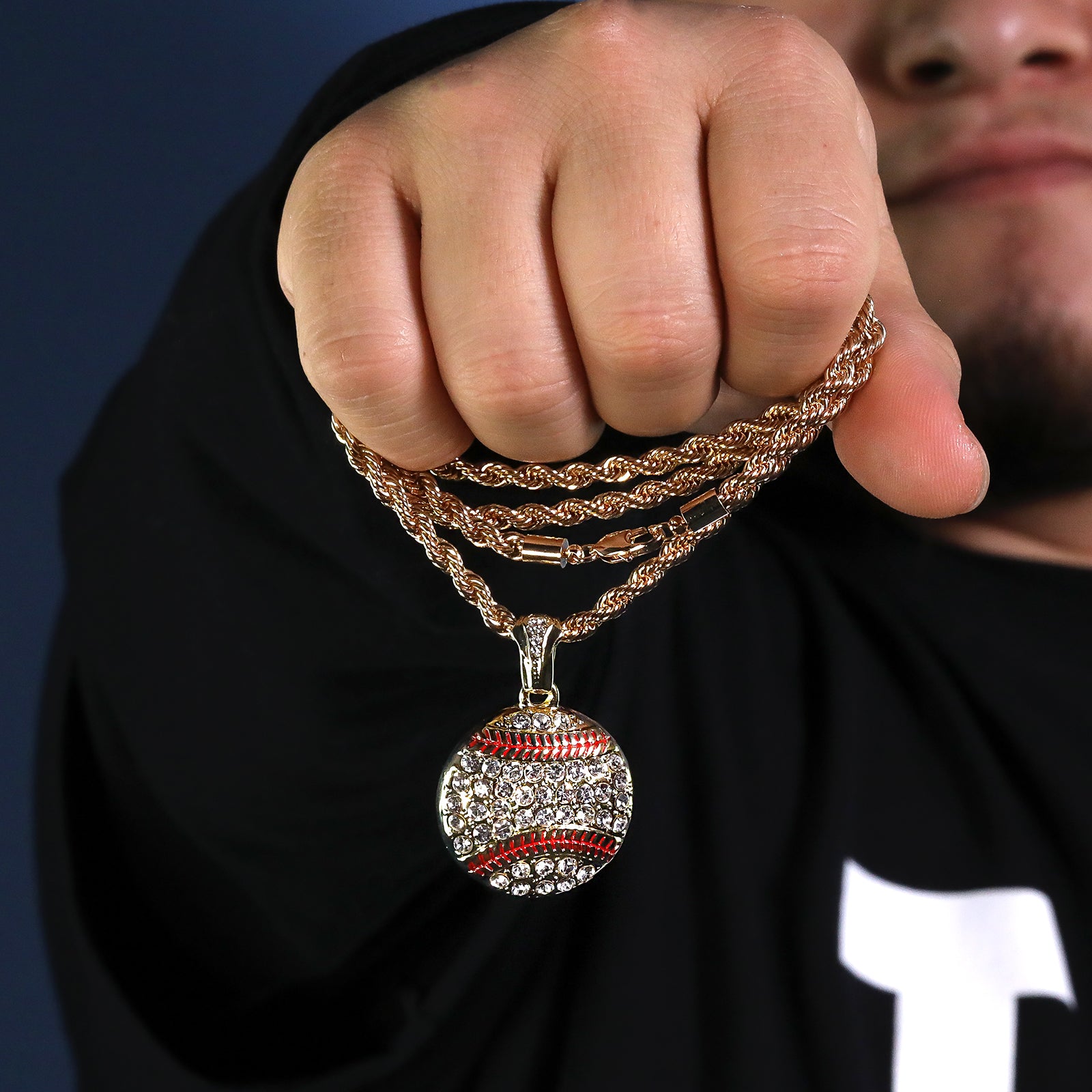 Cz Baseball Pendant 30" Rope Chain Hip Hop Style 18k Gold Plated
