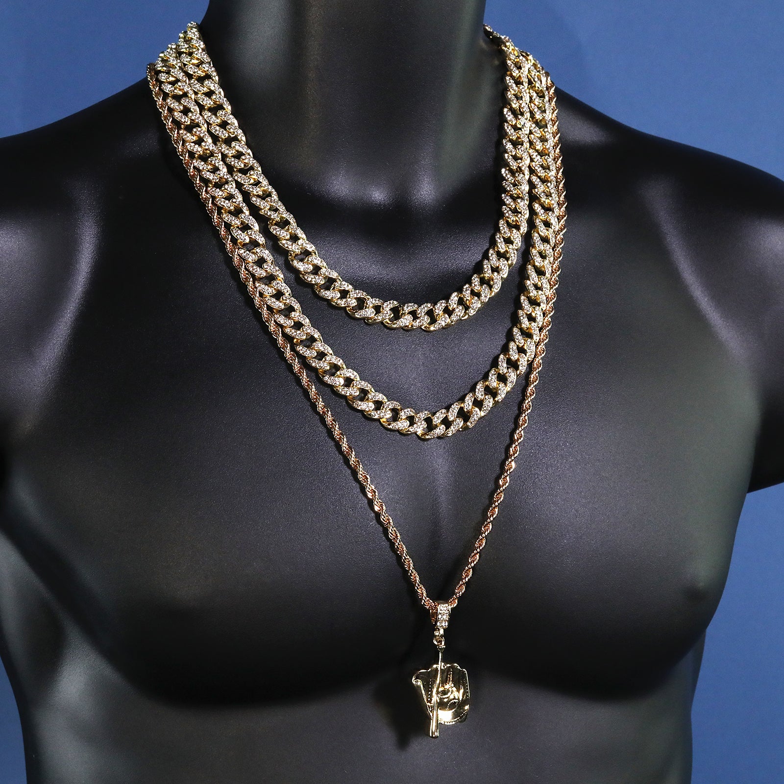 Baseball Glove Mitt Bat Pendant 30" Rope Chain Hip Hop Style 18k Gold Plated