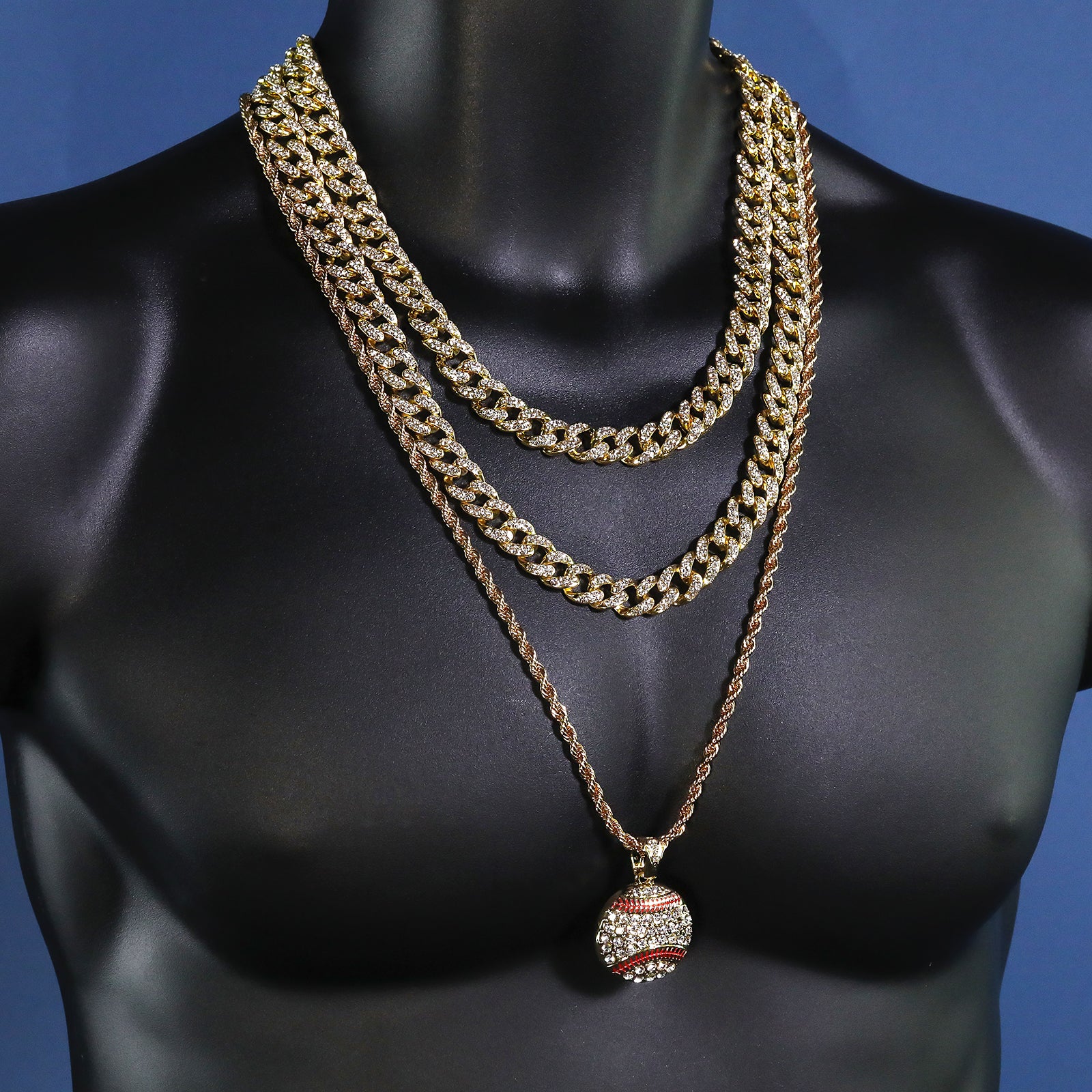 Cz Baseball Pendant 30" Rope Chain Hip Hop Style 18k Gold Plated