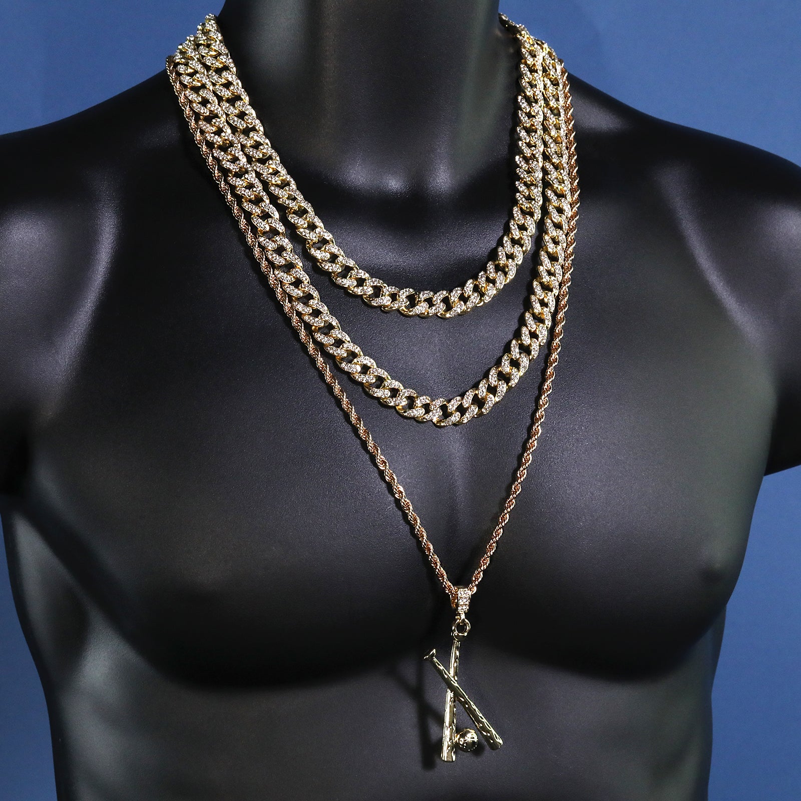 Baseball & Bat Pendant 30" Rope Chain Hip Hop Style 18k Gold Plated