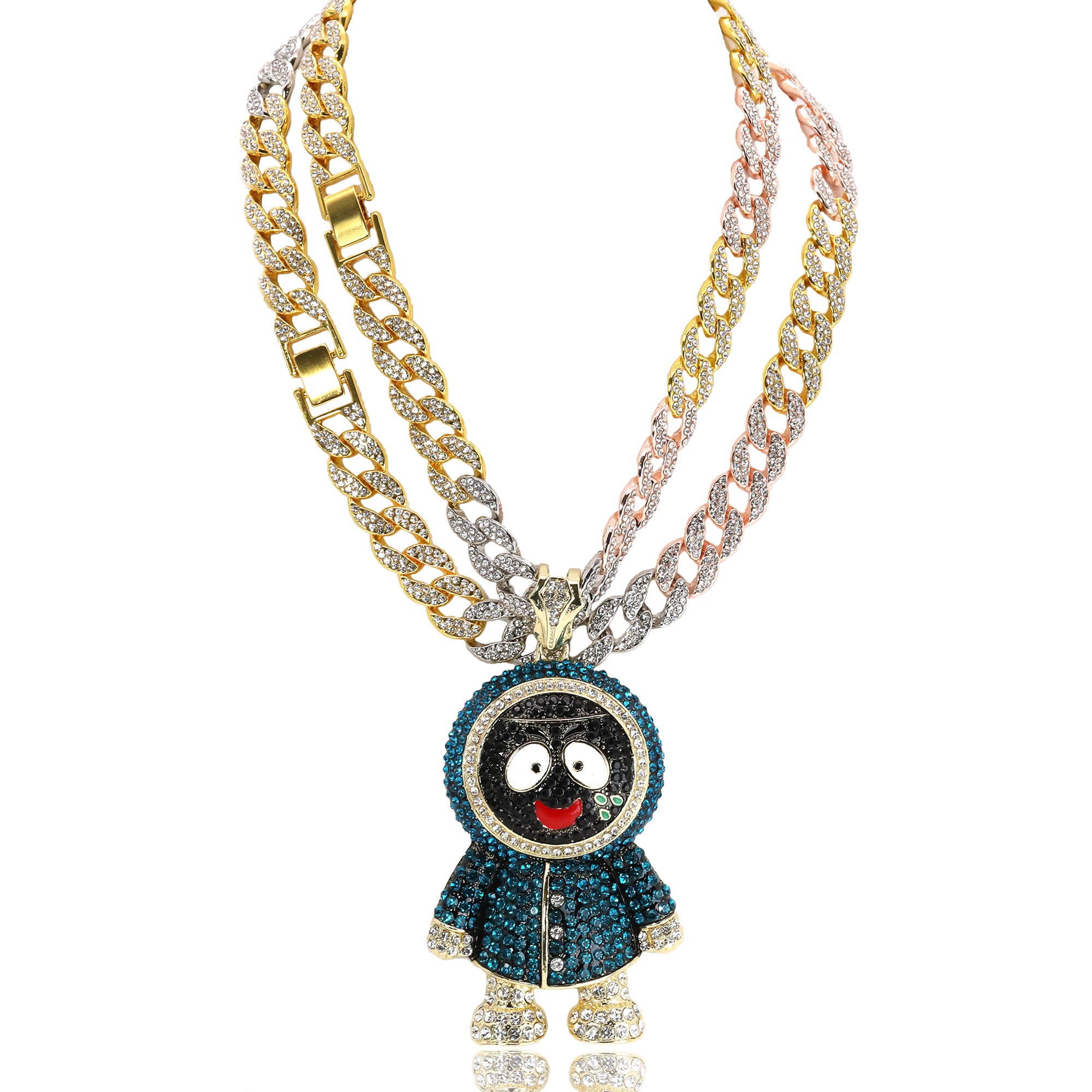3pc Set Hip Hop Large Brick Squad Eskimo Pendant & Fully Iced 3 Tone Cuban Chain Necklace – 15mm 18"/20" Cuban Chain with CZ