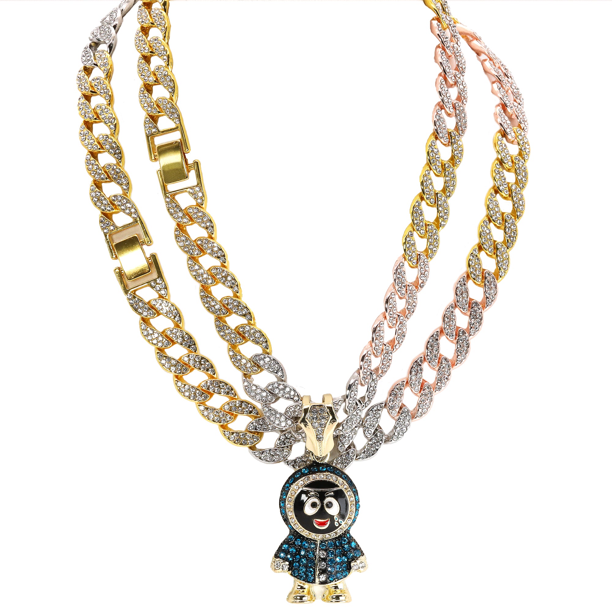 3pc Set Hip Hop Small Brick Squad Eskimo Pendant & Fully Iced 3 Tone Cuban Chain Necklace – 15mm 18"/20" Cuban Chain