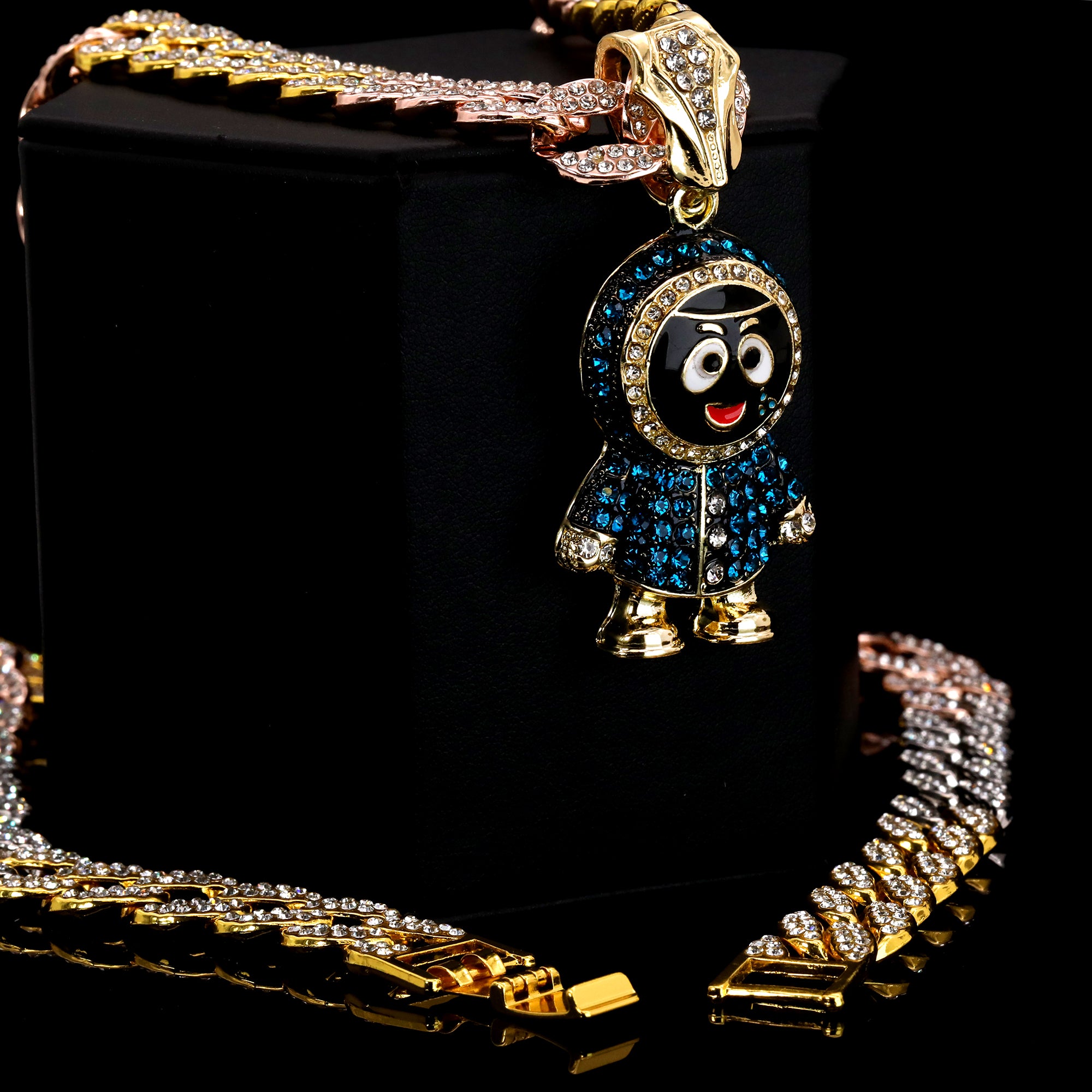 3pc Set Hip Hop Small Brick Squad Eskimo Pendant & Fully Iced 3 Tone Cuban Chain Necklace – 15mm 18"/20" Cuban Chain