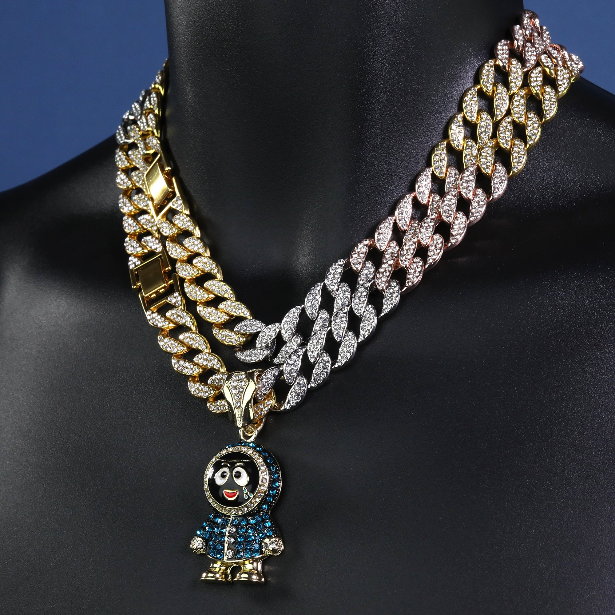 3pc Set Hip Hop Small Brick Squad Eskimo Pendant & Fully Iced 3 Tone Cuban Chain Necklace – 15mm 18"/20" Cuban Chain