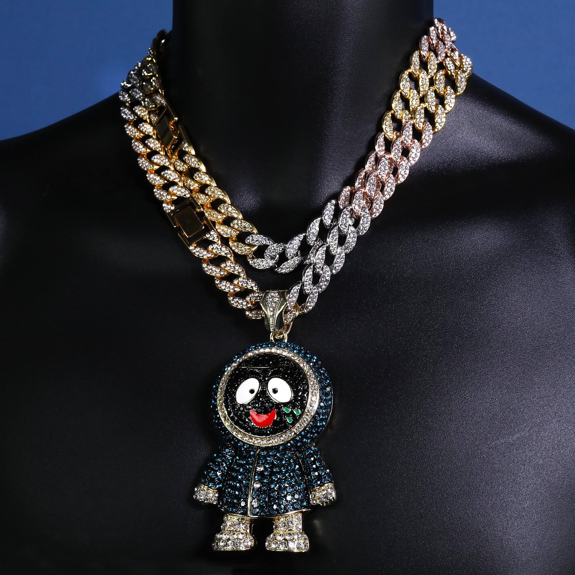 3pc Set Hip Hop Large Brick Squad Eskimo Pendant & Fully Iced 3 Tone Cuban Chain Necklace – 15mm 18"/20" Cuban Chain with CZ