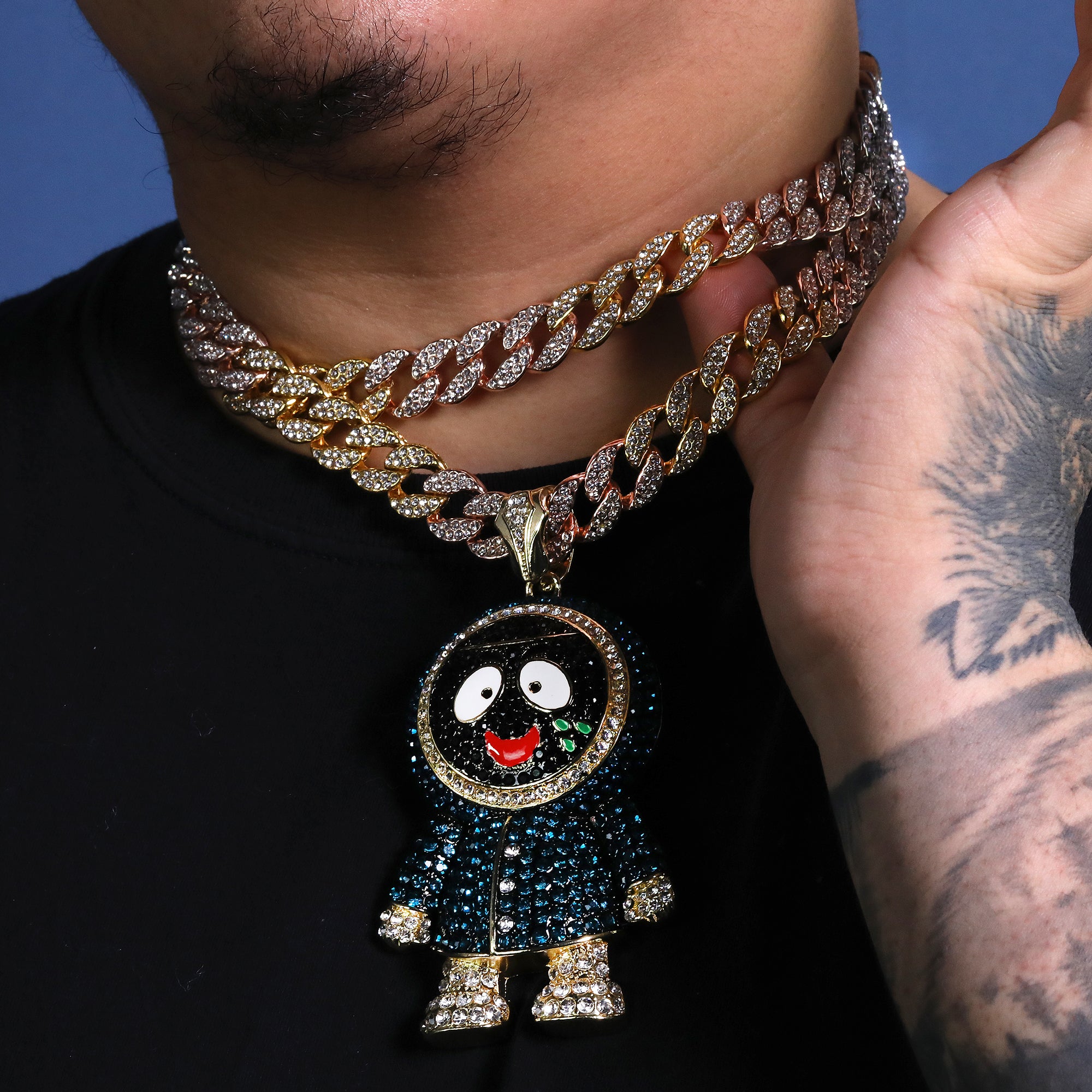 3pc Set Hip Hop Large Brick Squad Eskimo Pendant & Fully Iced 3 Tone Cuban Chain Necklace – 15mm 18"/20" Cuban Chain with CZ