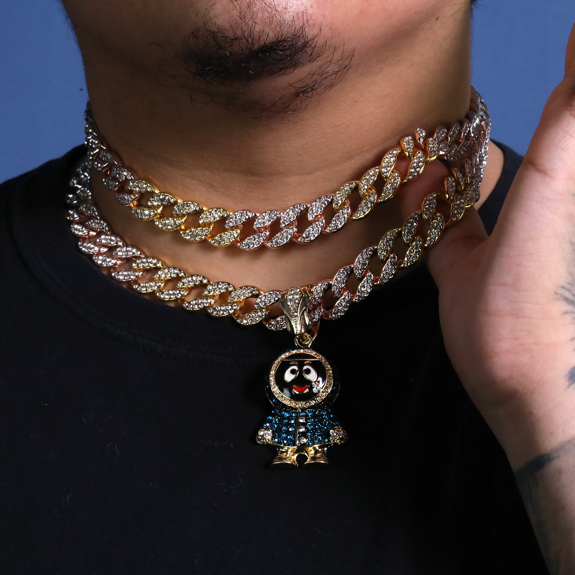 3pc Set Hip Hop Small Brick Squad Eskimo Pendant & Fully Iced 3 Tone Cuban Chain Necklace – 15mm 18"/20" Cuban Chain