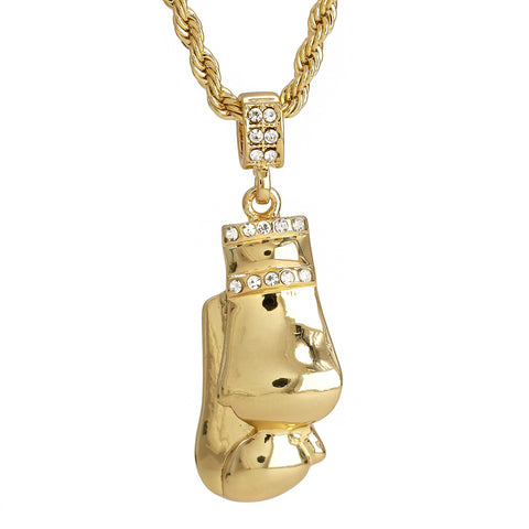 Cz Boxing Gloves Pendant 30" Rope Chain Hip Hop Style 18k Gold Plated