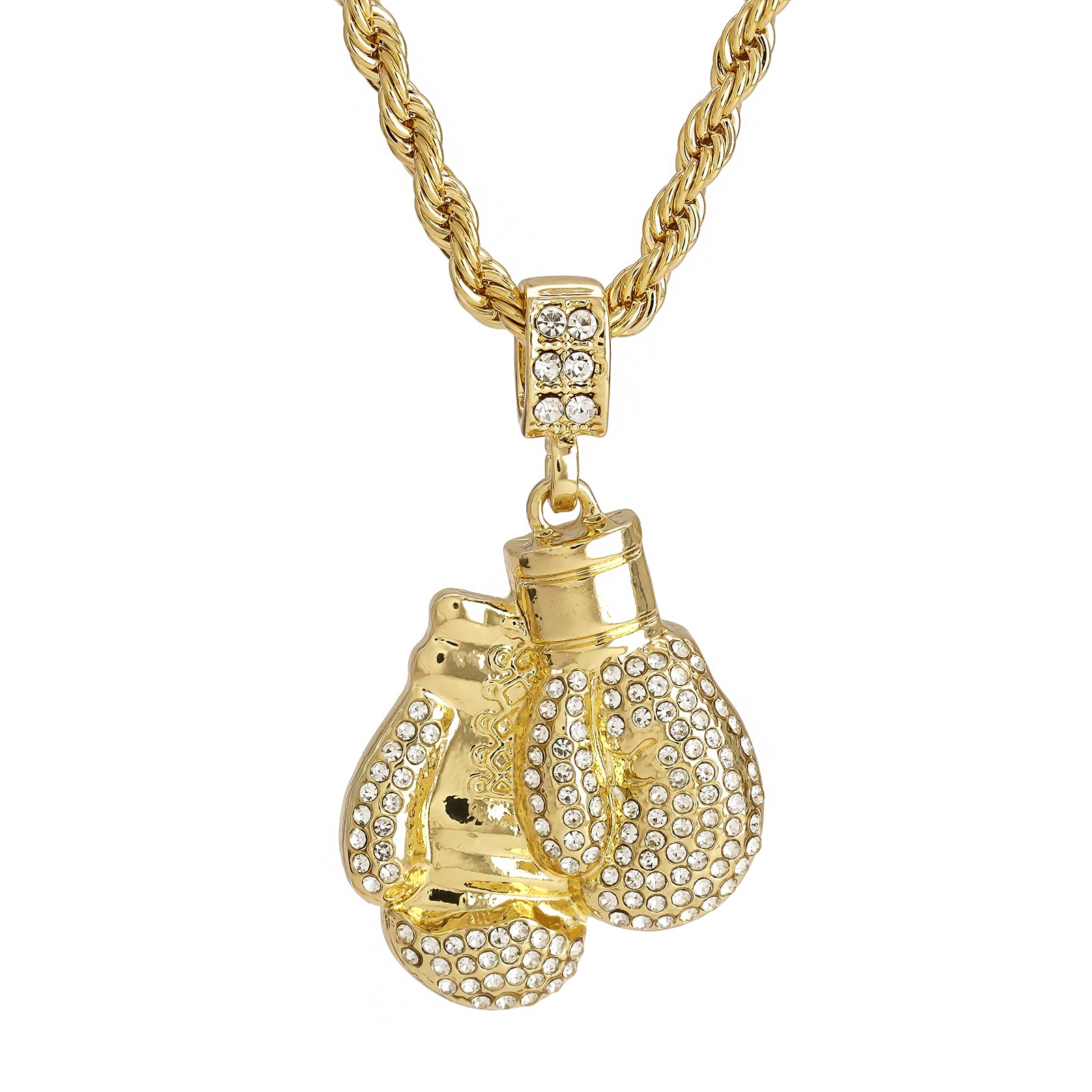 Fully Iced Boxing Gloves Pendant 30" Rope Chain Hip Hop Style 18k Gold Plated