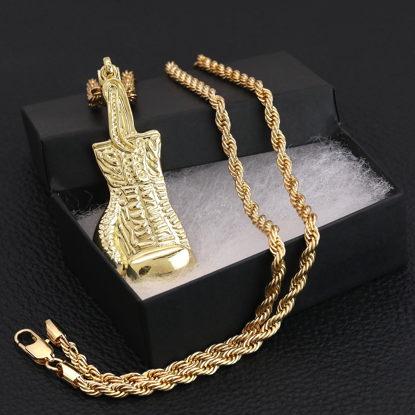 Single Boxing Glove Pendant 30" Rope Chain Hip Hop Style 18k Gold Plated