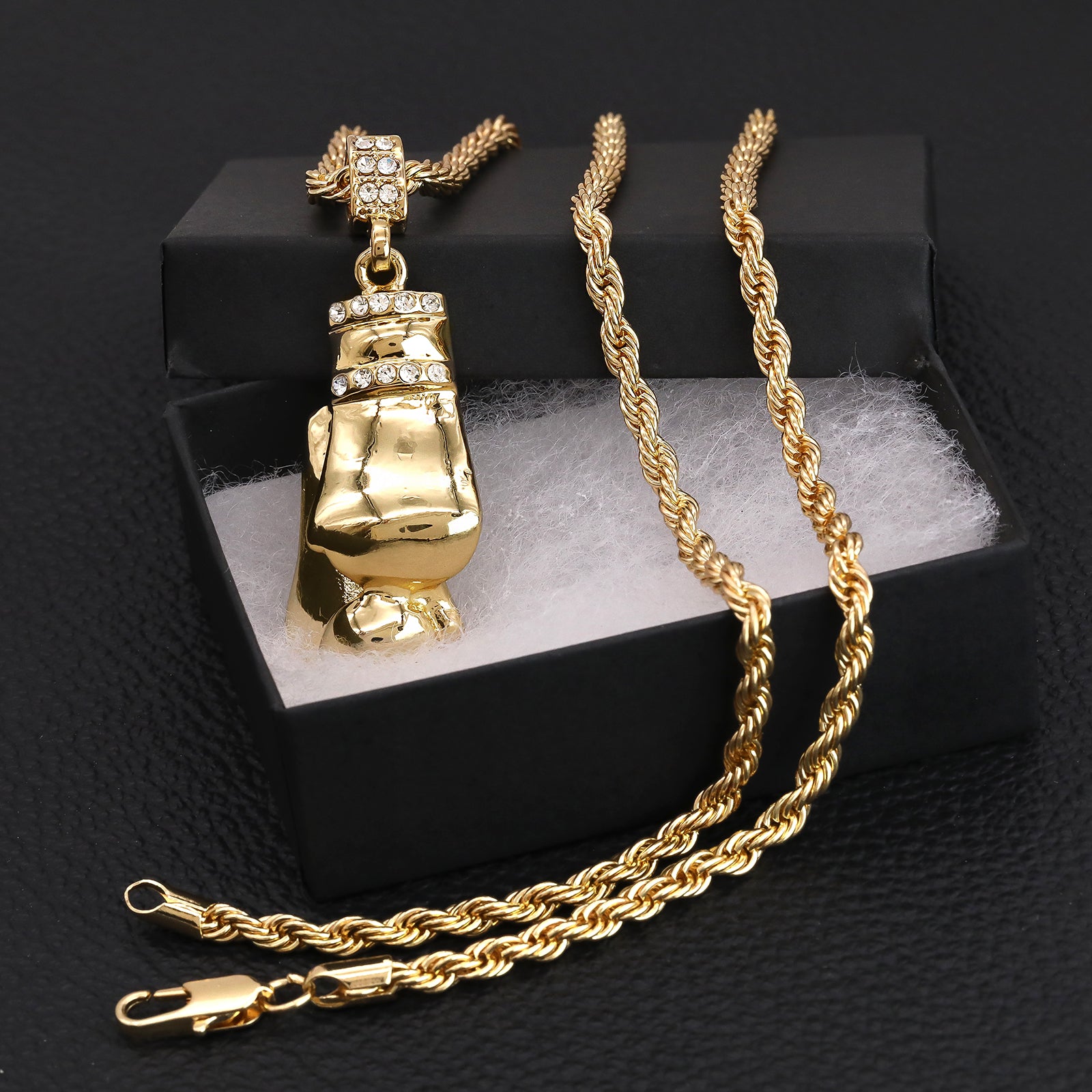 Cz Boxing Gloves Pendant 30" Rope Chain Hip Hop Style 18k Gold Plated
