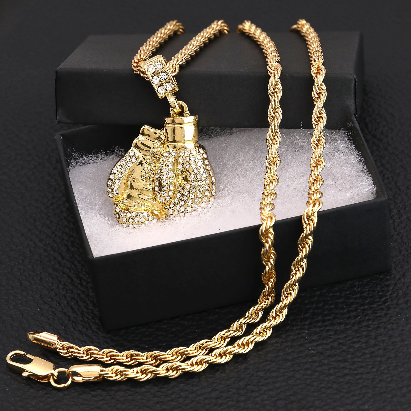 Fully Iced Boxing Gloves Pendant 30" Rope Chain Hip Hop Style 18k Gold Plated