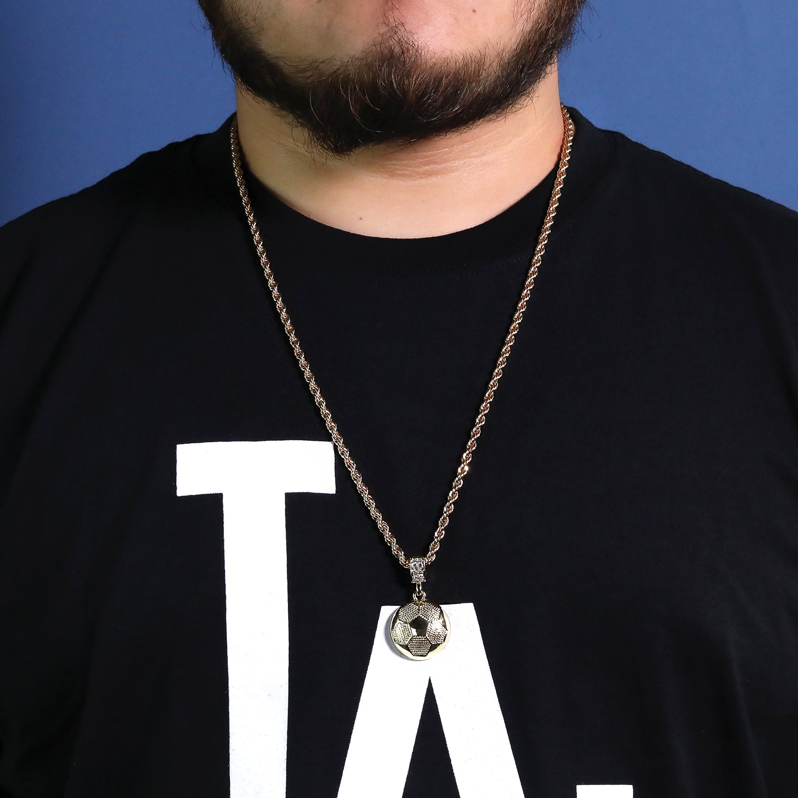 Soccer Ball Pendant 30" Rope Chain Hip Hop Style 18k Gold Plated