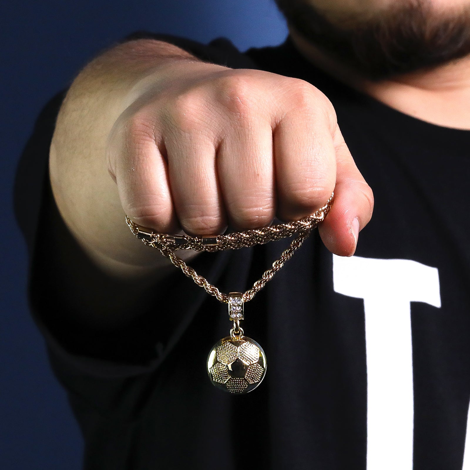 Soccer Ball Pendant 30" Rope Chain Hip Hop Style 18k Gold Plated