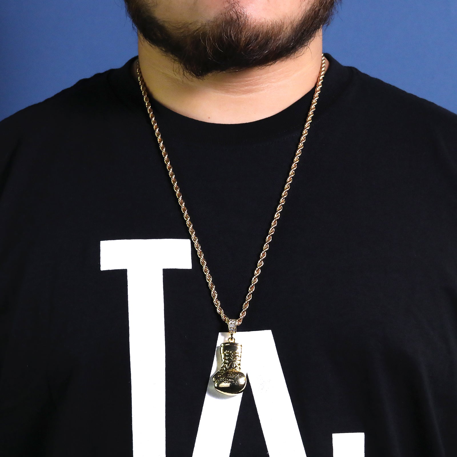 Boxing Glove Shield Of strength Engraved Pendant 30" Rope Chain Hip Hop Style 18k Gold Plated