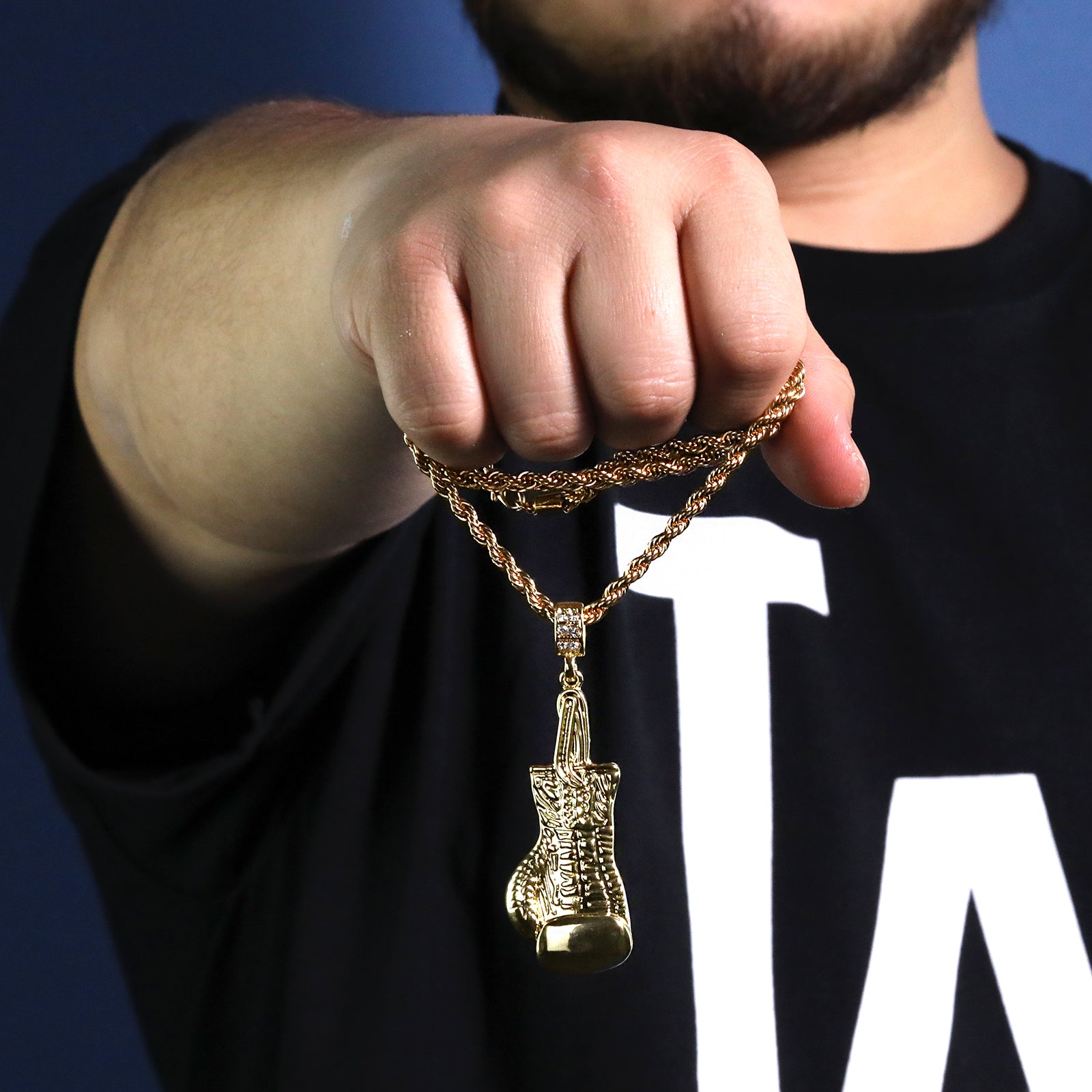 Single Boxing Glove Pendant 30" Rope Chain Hip Hop Style 18k Gold Plated