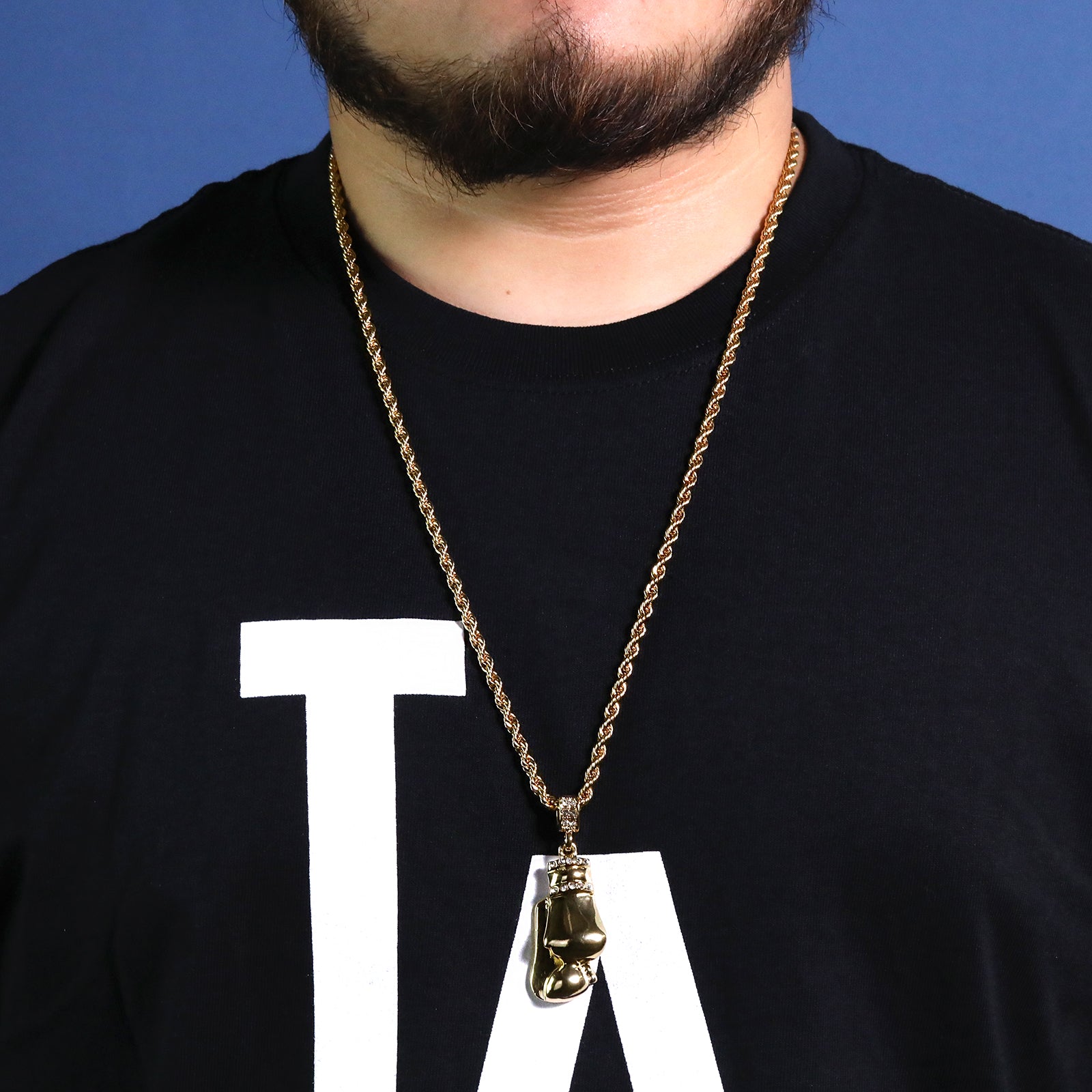 Cz Boxing Gloves Pendant 30" Rope Chain Hip Hop Style 18k Gold Plated