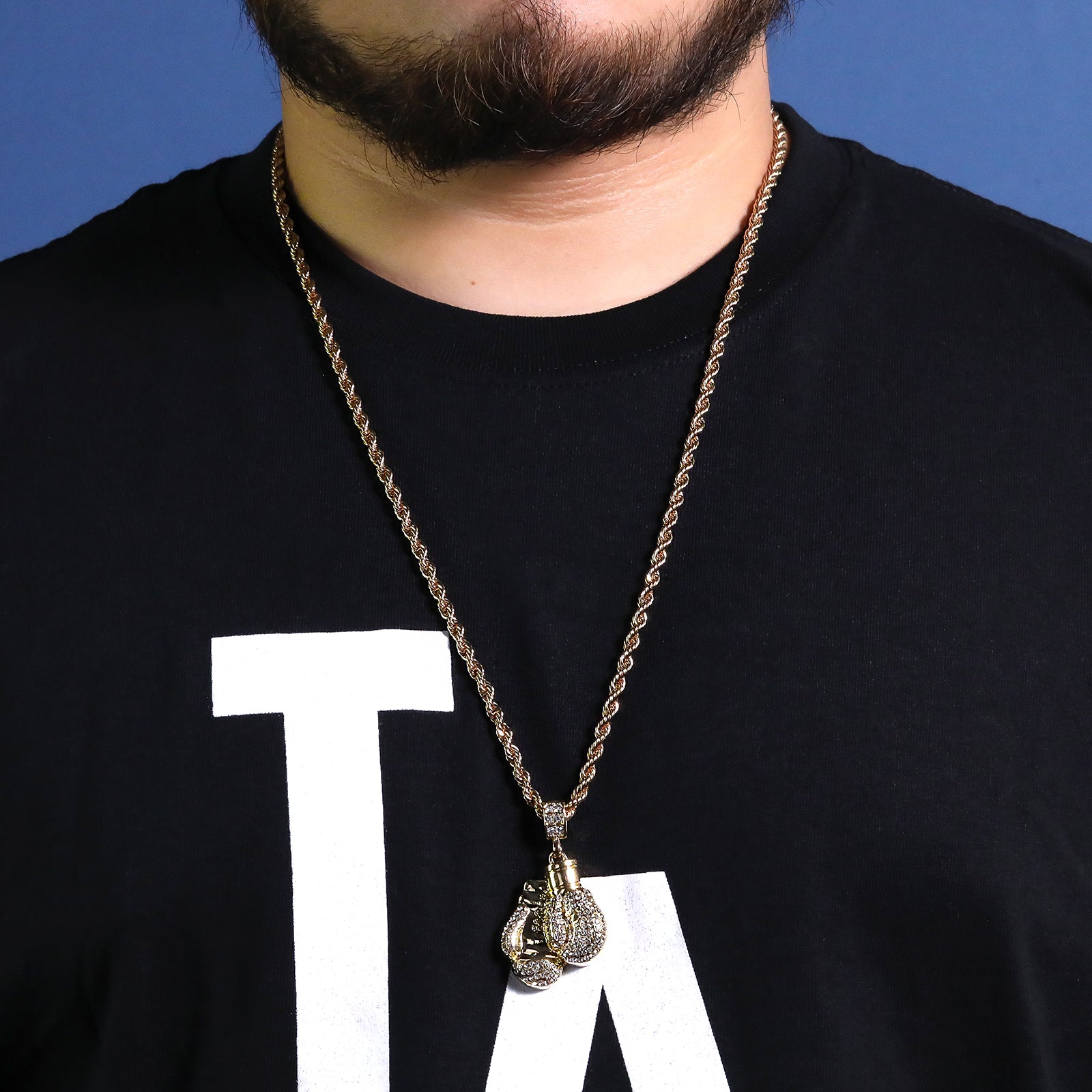 Fully Iced Boxing Gloves Pendant 30" Rope Chain Hip Hop Style 18k Gold Plated