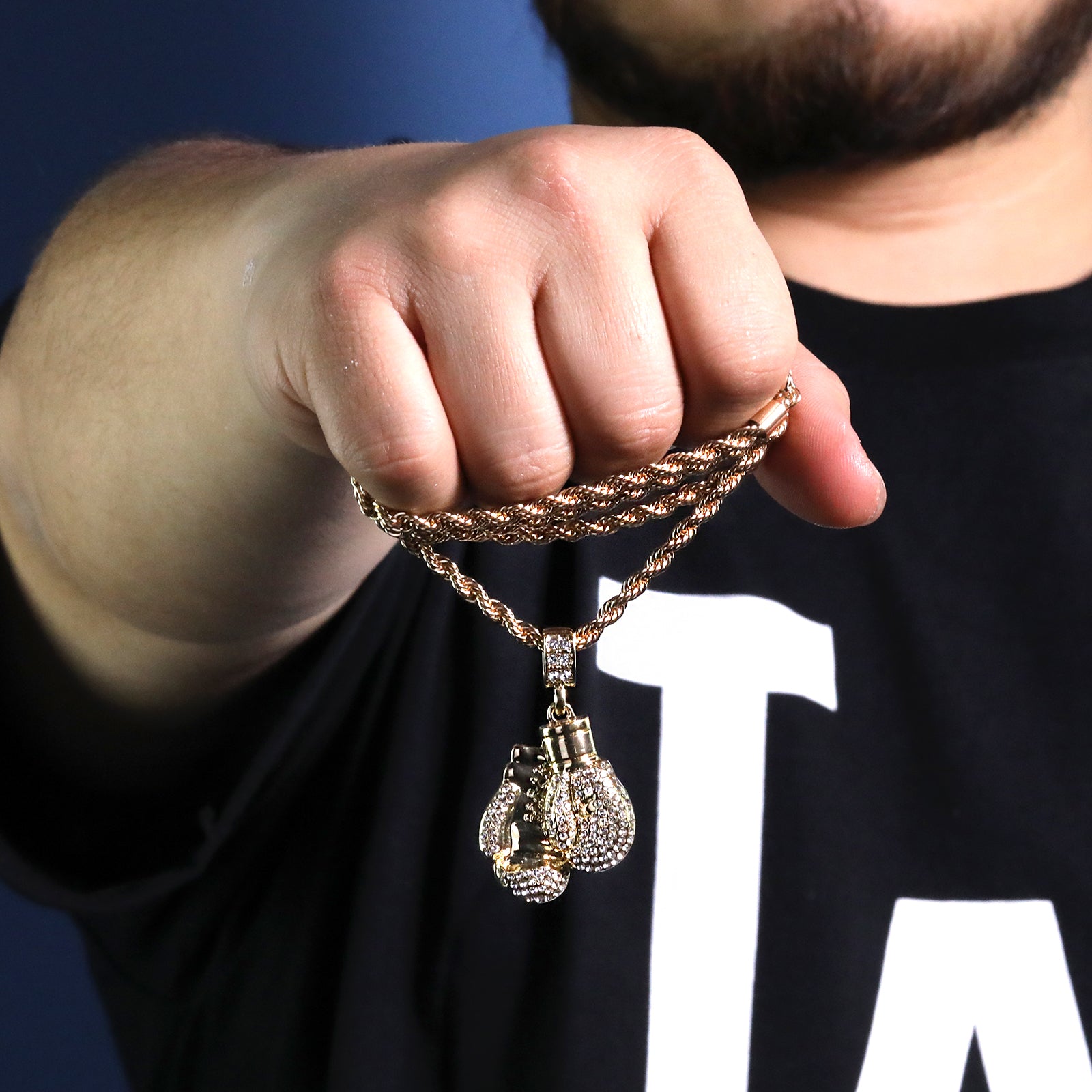 Fully Iced Boxing Gloves Pendant 30" Rope Chain Hip Hop Style 18k Gold Plated