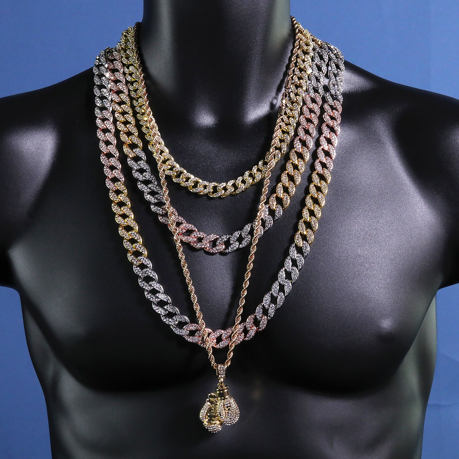 Fully Iced Boxing Gloves Pendant 30" Rope Chain Hip Hop Style 18k Gold Plated