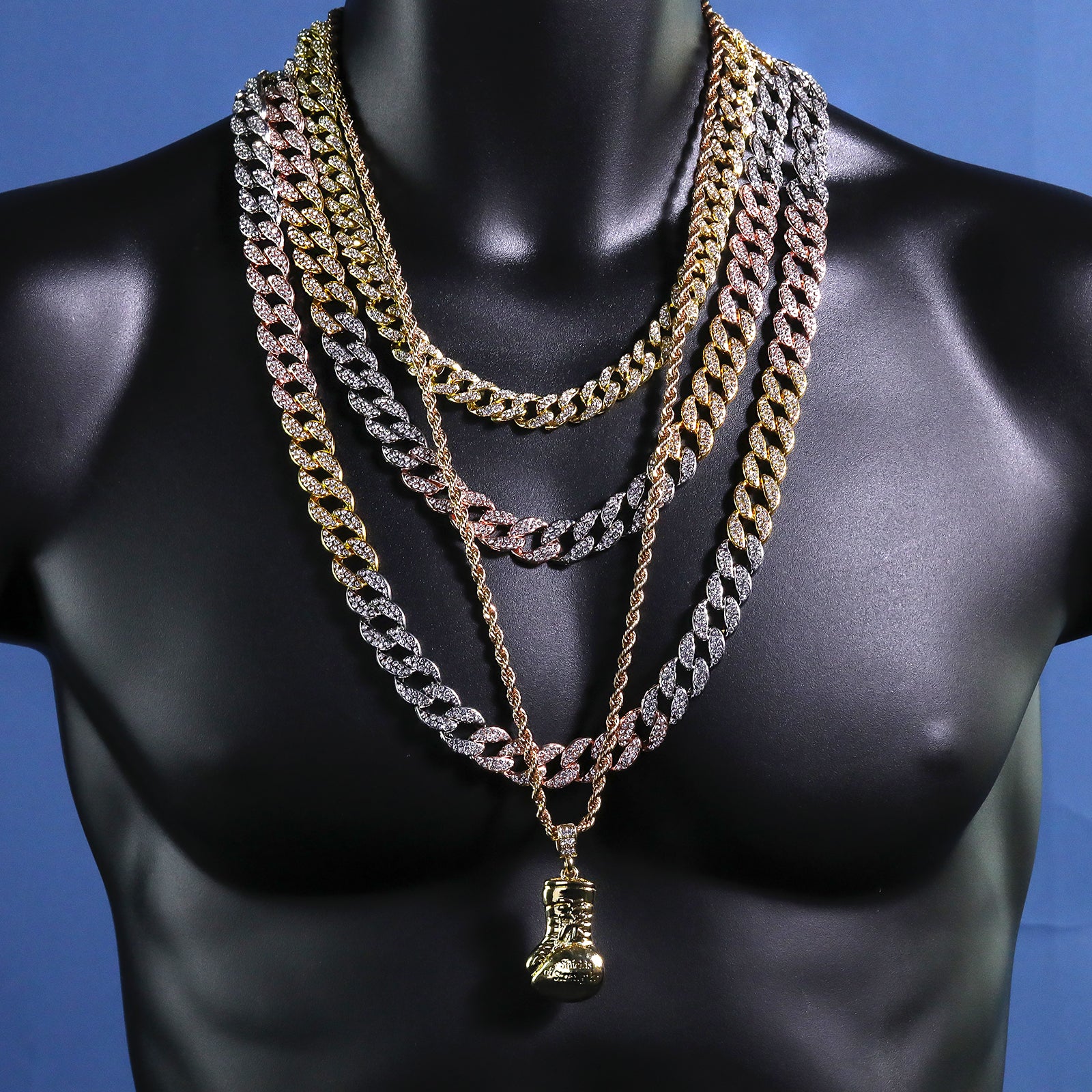 Boxing Glove Shield Of strength Engraved Pendant 30" Rope Chain Hip Hop Style 18k Gold Plated