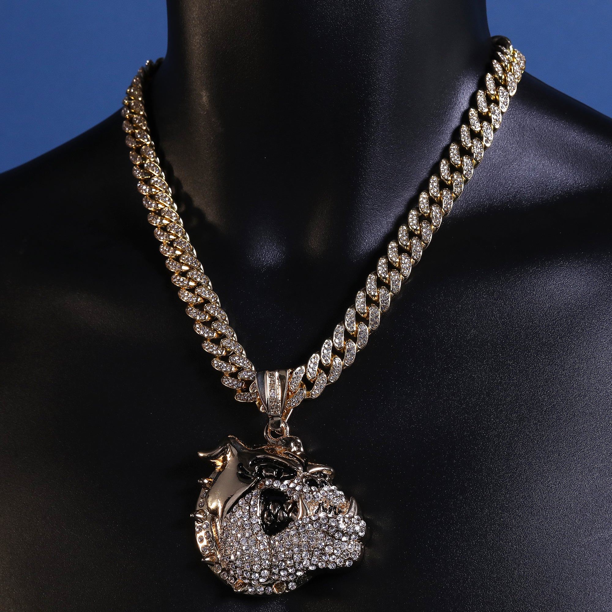 Hip Hop Fully Iced Large Gold Plated American Bulldog Pendant Cuban Chain 18 - 24"