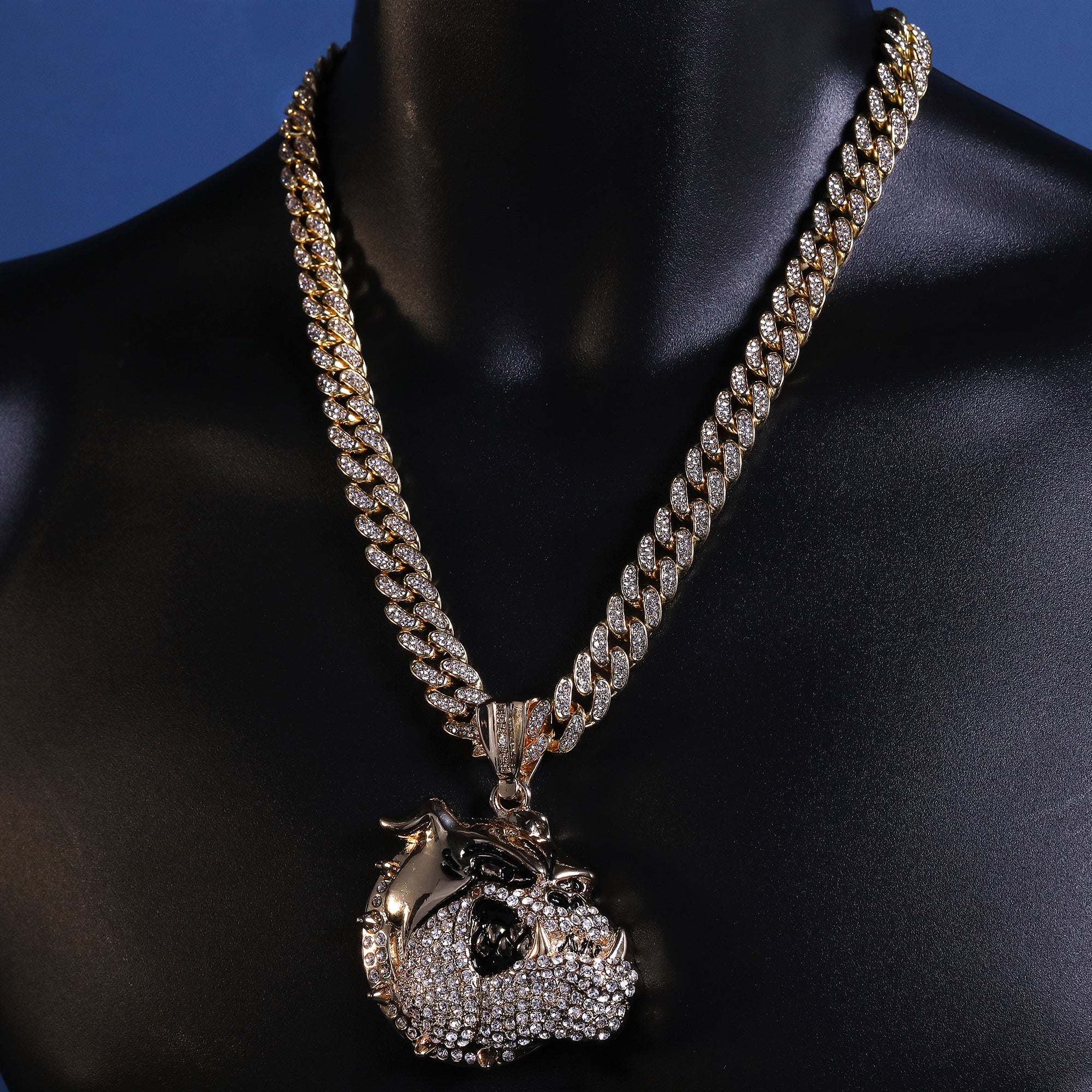 Hip Hop Fully Iced Large Gold Plated American Bulldog Pendant Cuban Chain 18 - 24"