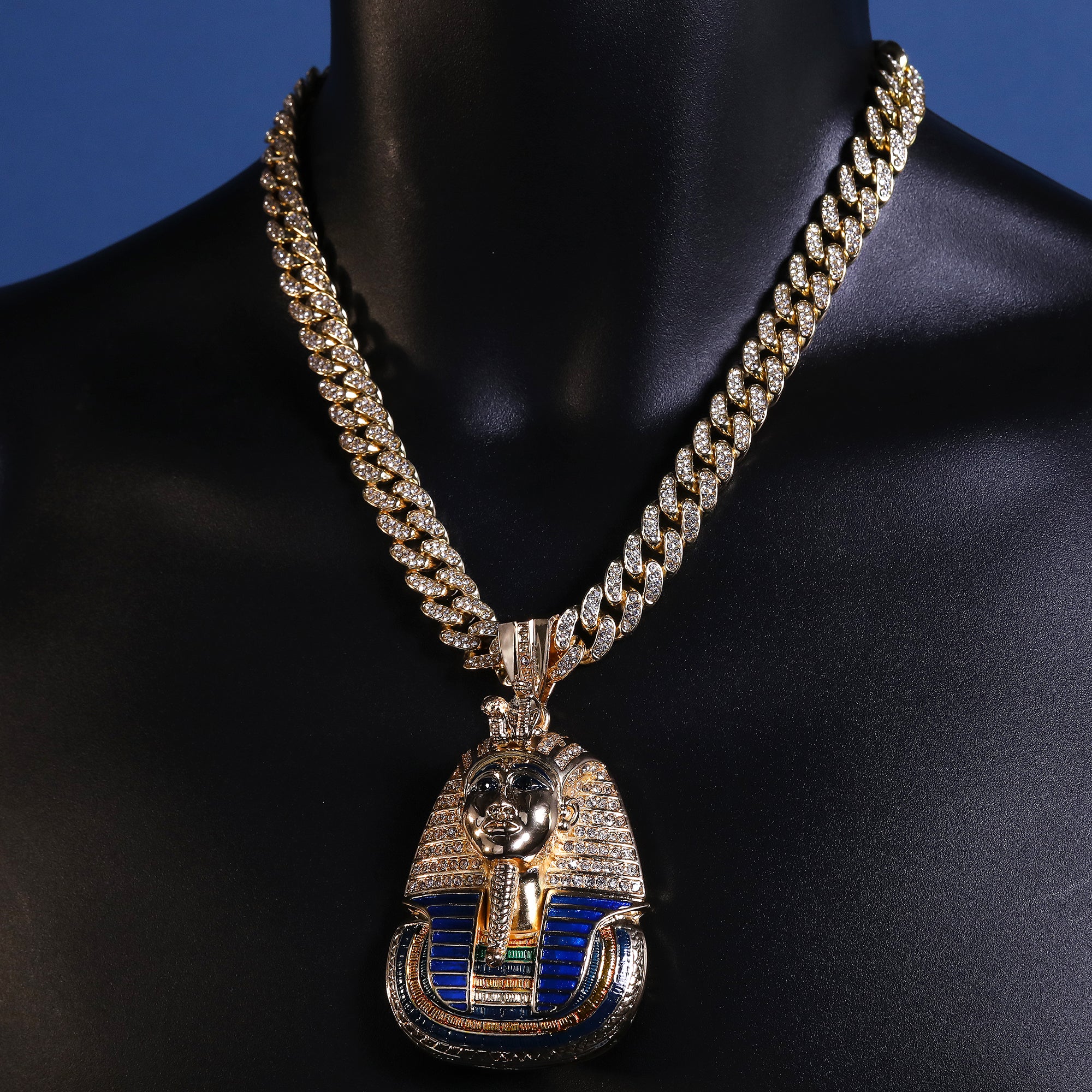 Hip Hop Fully Iced Large Gold Plated Egyptian Pharaoh Pendant Cuban Chain 18 - 24"
