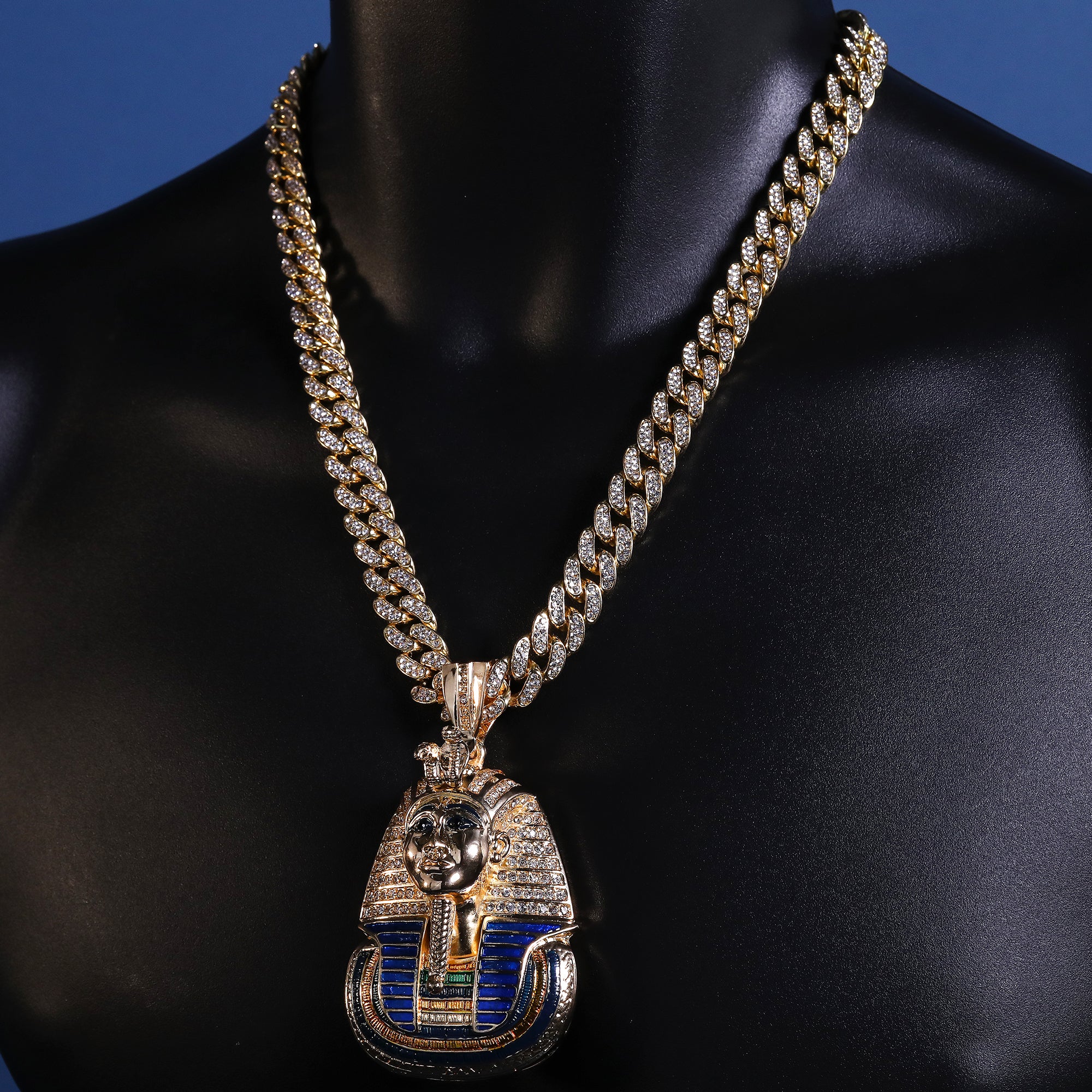 Hip Hop Fully Iced Large Gold Plated Egyptian Pharaoh Pendant Cuban Chain 18 - 24"