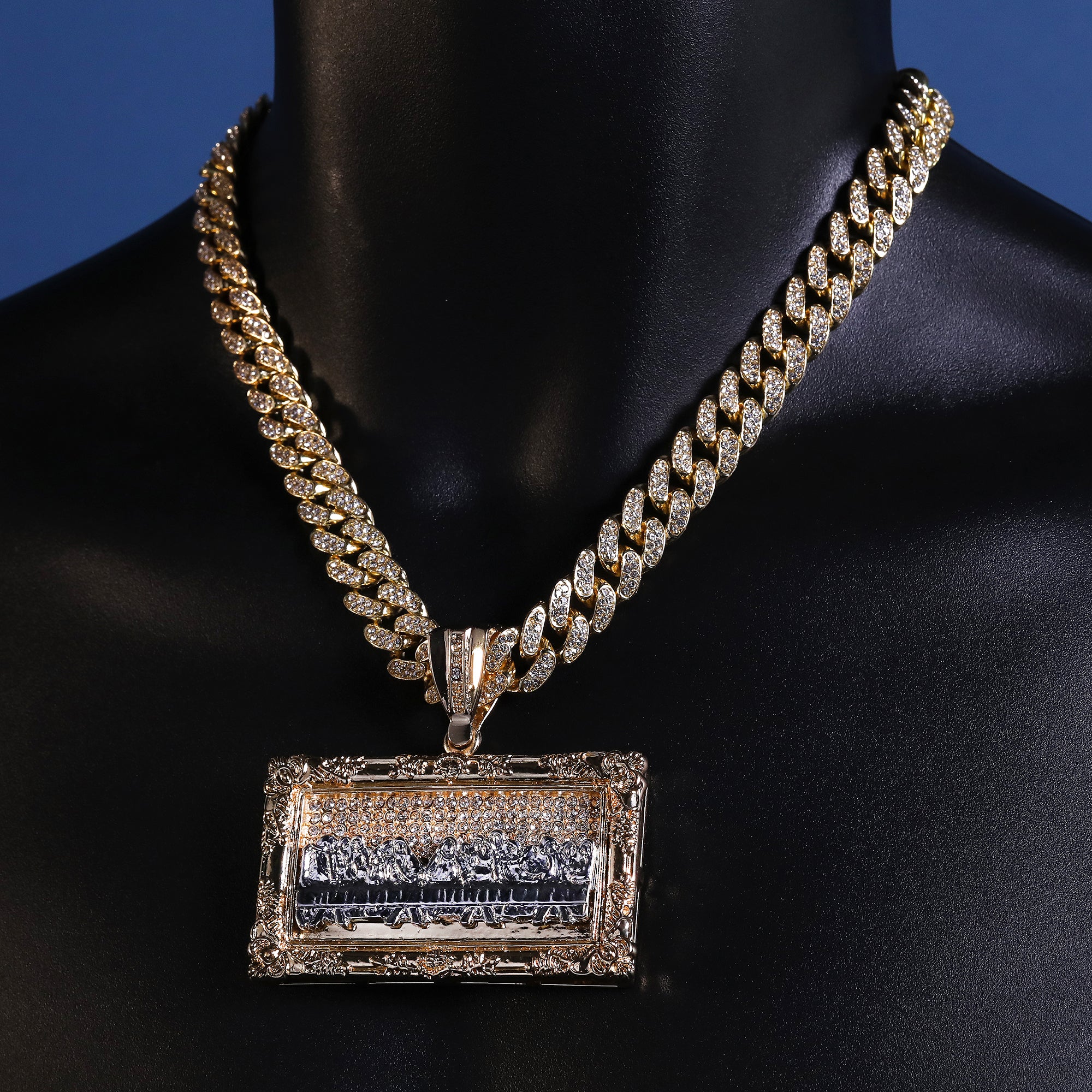 Hip Hop Fully Iced Large Gold Plated Block Last Supper Pendant Cuban Chain 18 - 24"