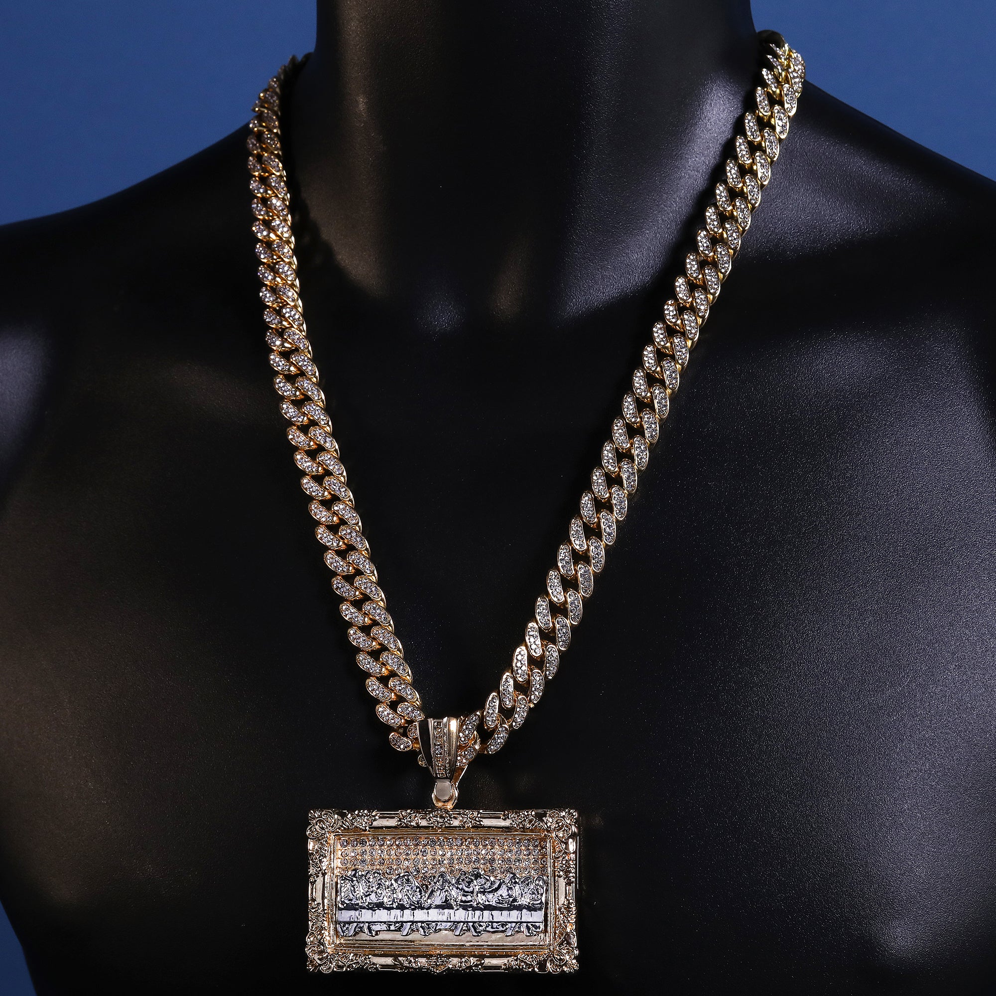 Hip Hop Fully Iced Large Gold Plated Block Last Supper Pendant Cuban Chain 18 - 24"