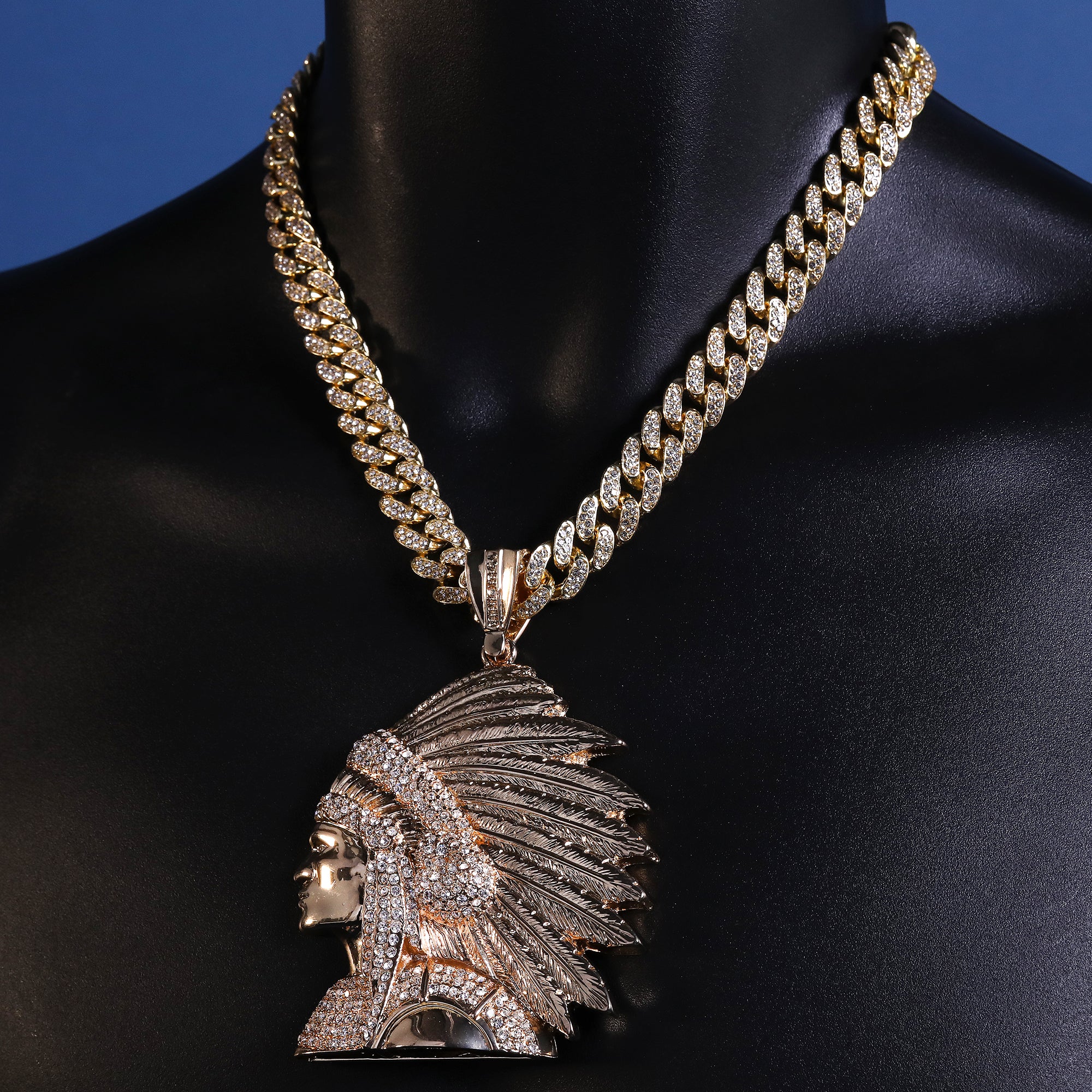 Native American Indian Chief Head Necklace for Men – Gold Plated Cuban Chain