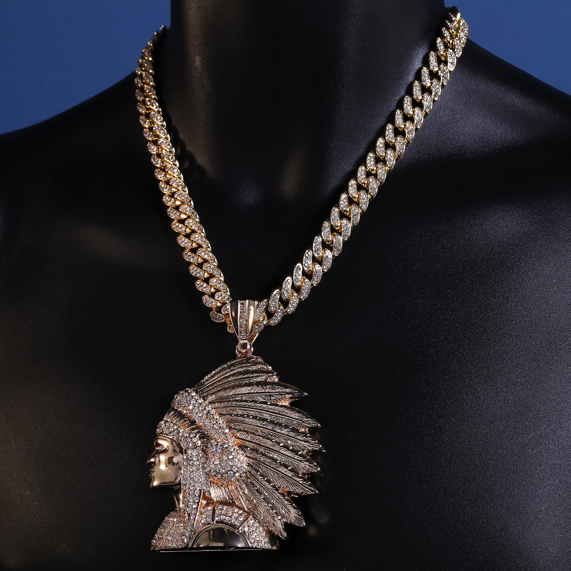Native American Indian Chief Head Necklace for Men – Gold Plated Cuban Chain