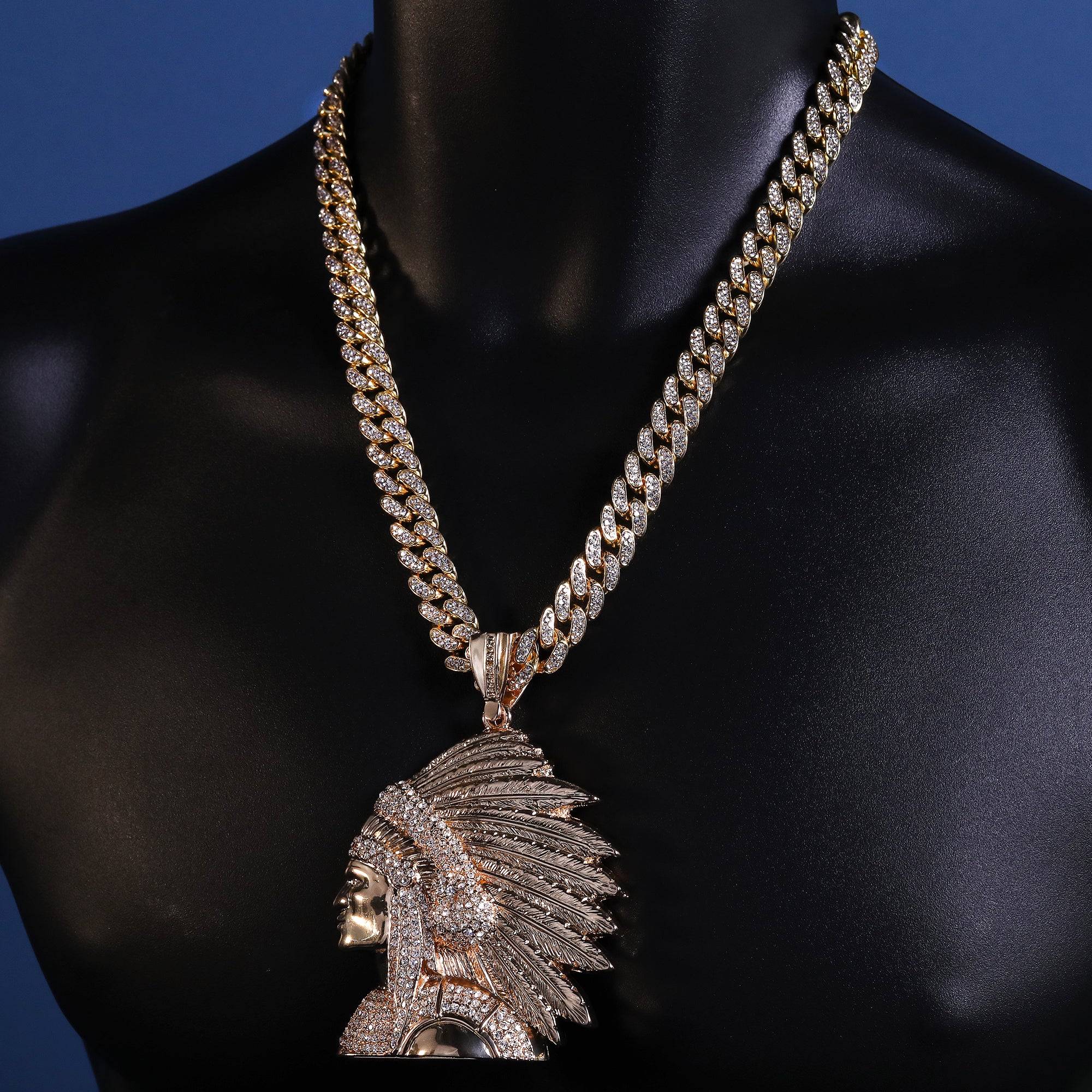 Native American Indian Chief Head Necklace for Men – Gold Plated Cuban Chain