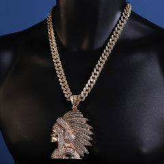 Native American Indian Chief Head Necklace for Men – Gold Plated Cuban Chain