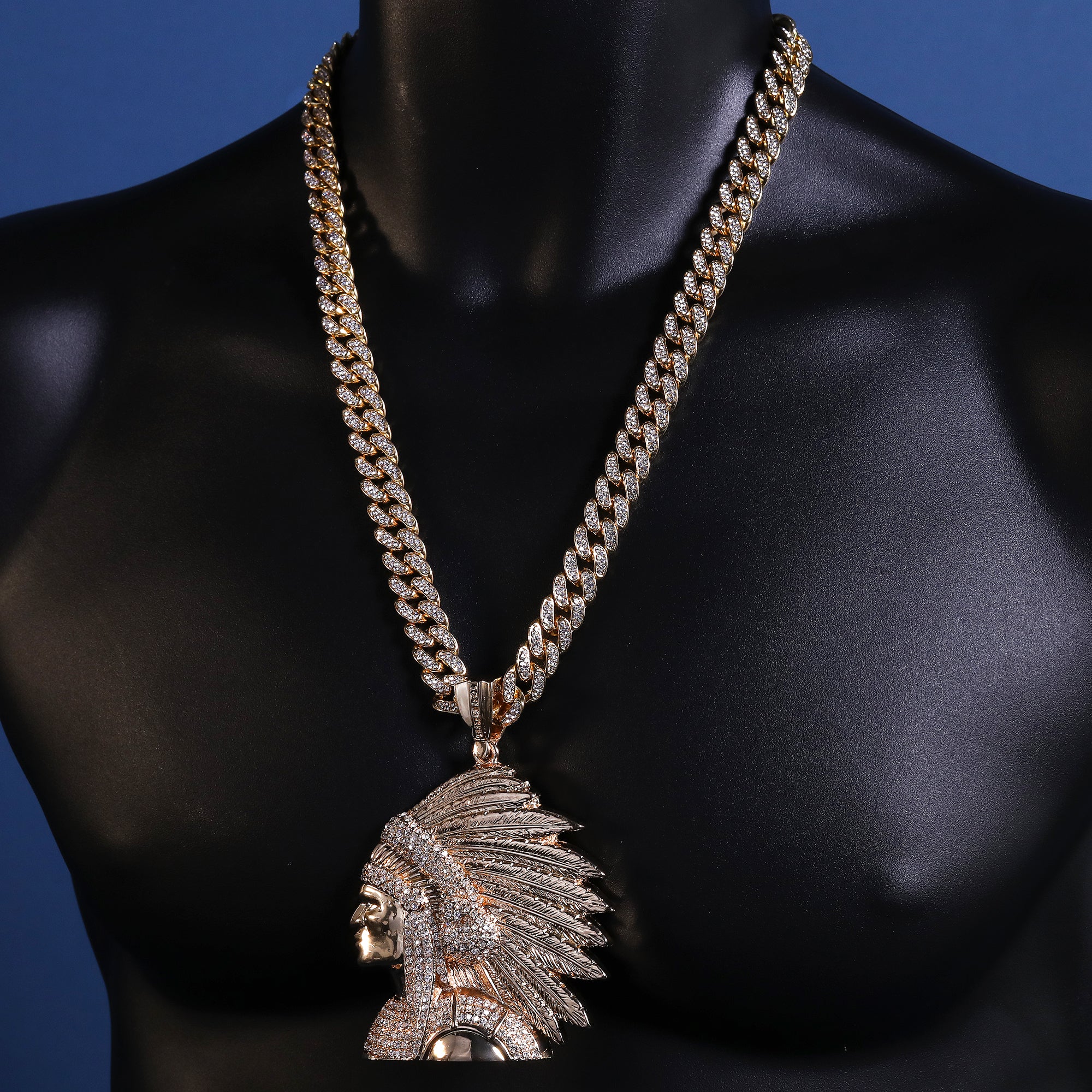 Native American Indian Chief Head Necklace for Men – Gold Plated Cuban Chain