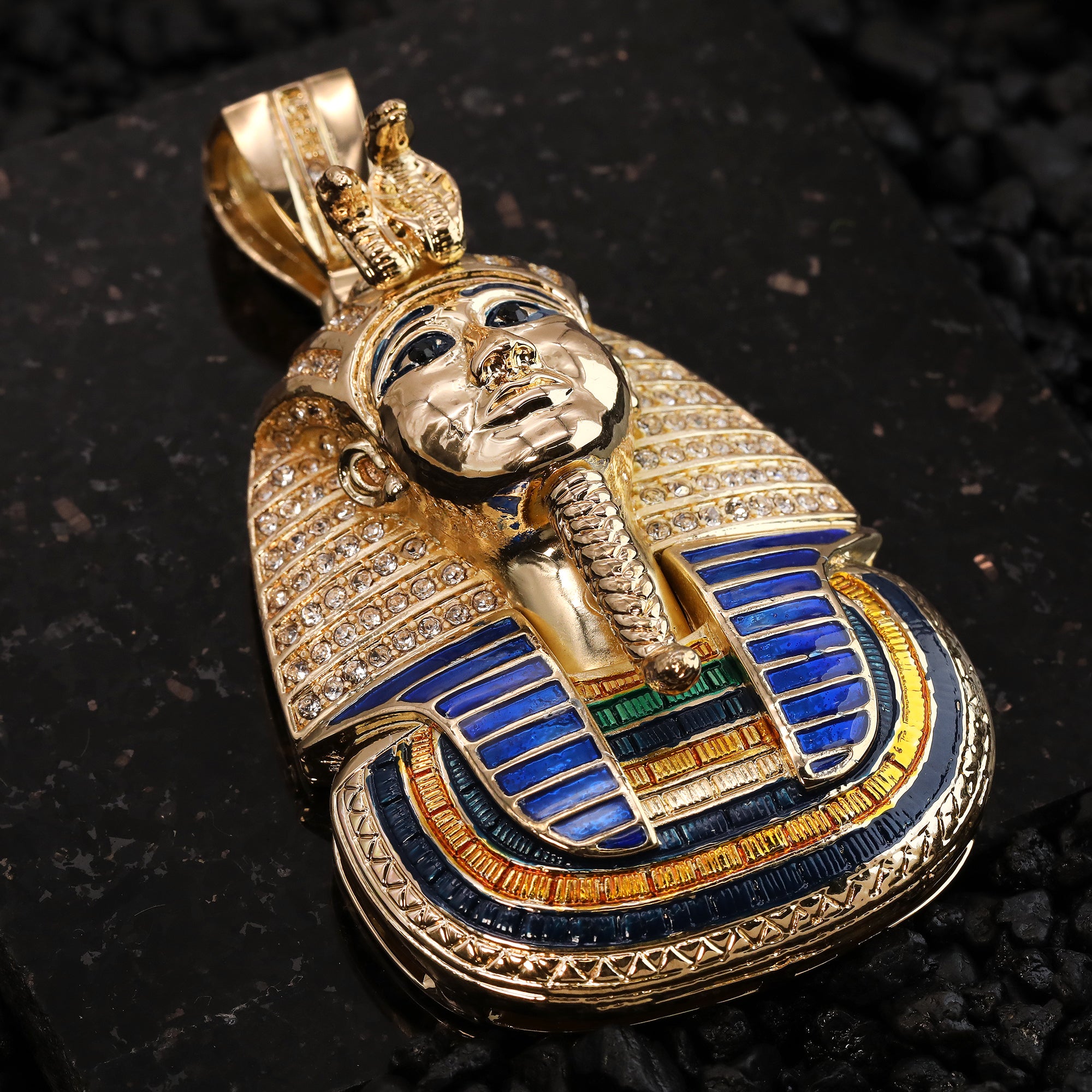 Hip Hop Fully Iced Large Gold Plated Egyptian Pharaoh Pendant Cuban Chain 18 - 24"