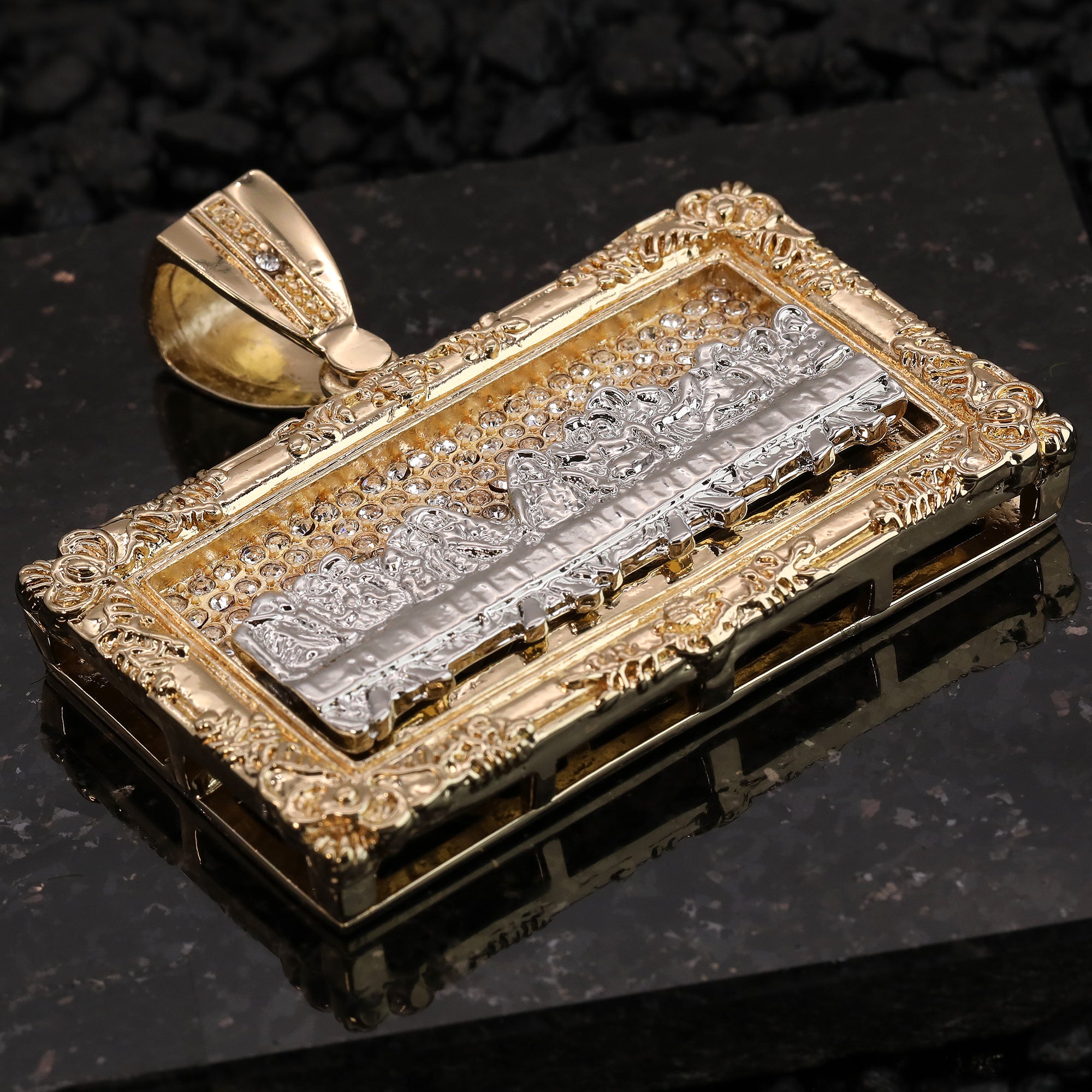 Hip Hop Fully Iced Large Gold Plated Block Last Supper Pendant Cuban Chain 18 - 24"