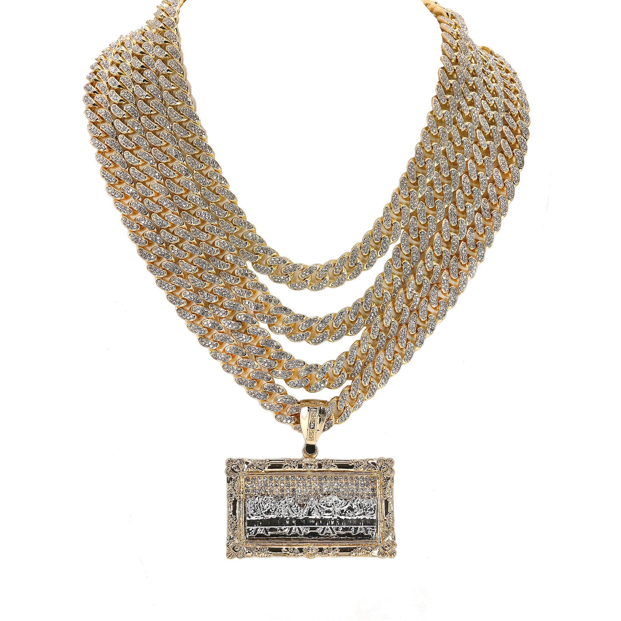 Hip Hop Fully Iced Large Gold Plated Block Last Supper Pendant Cuban Chain 18 - 24"