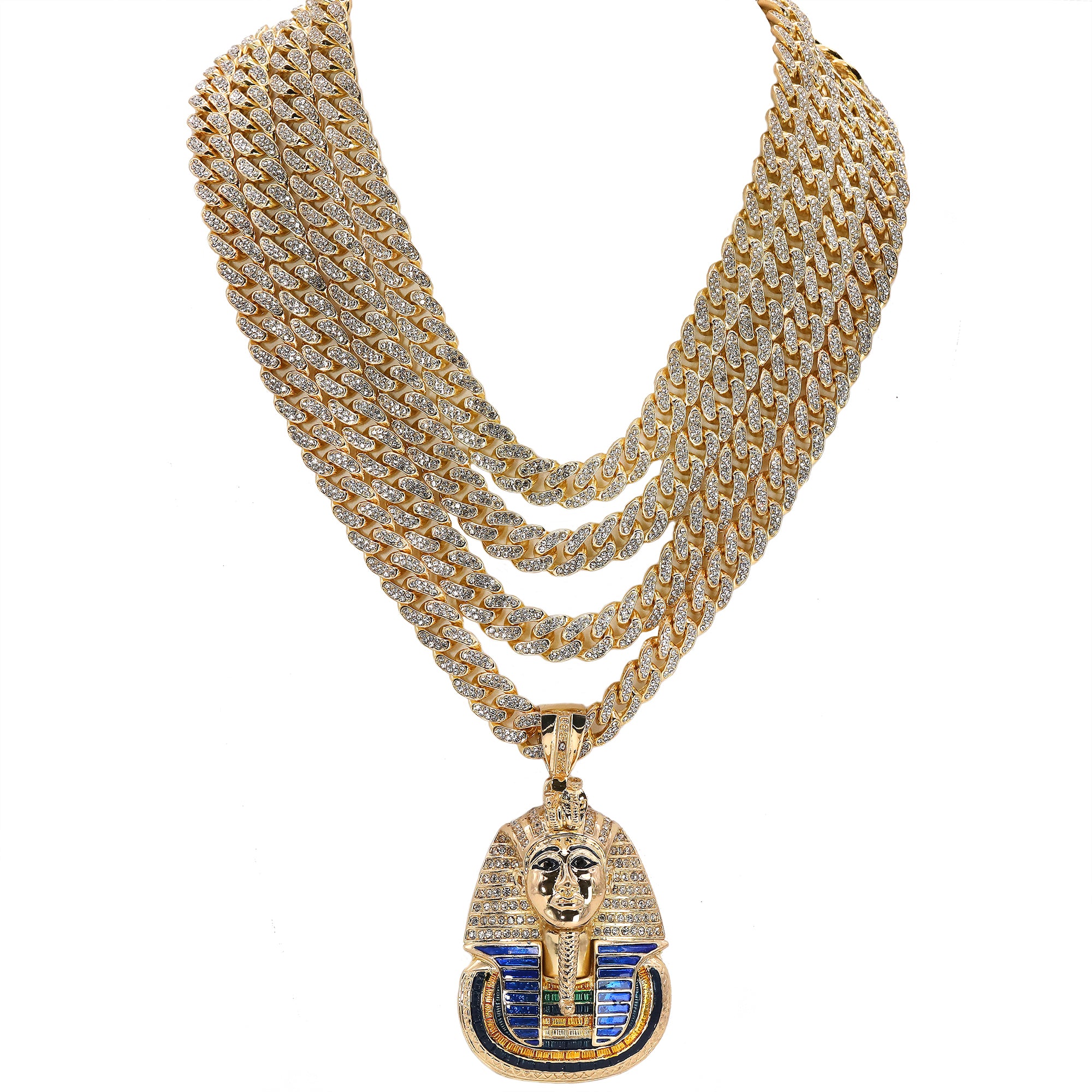 Hip Hop Fully Iced Large Gold Plated Egyptian Pharaoh Pendant Cuban Chain 18 - 24"