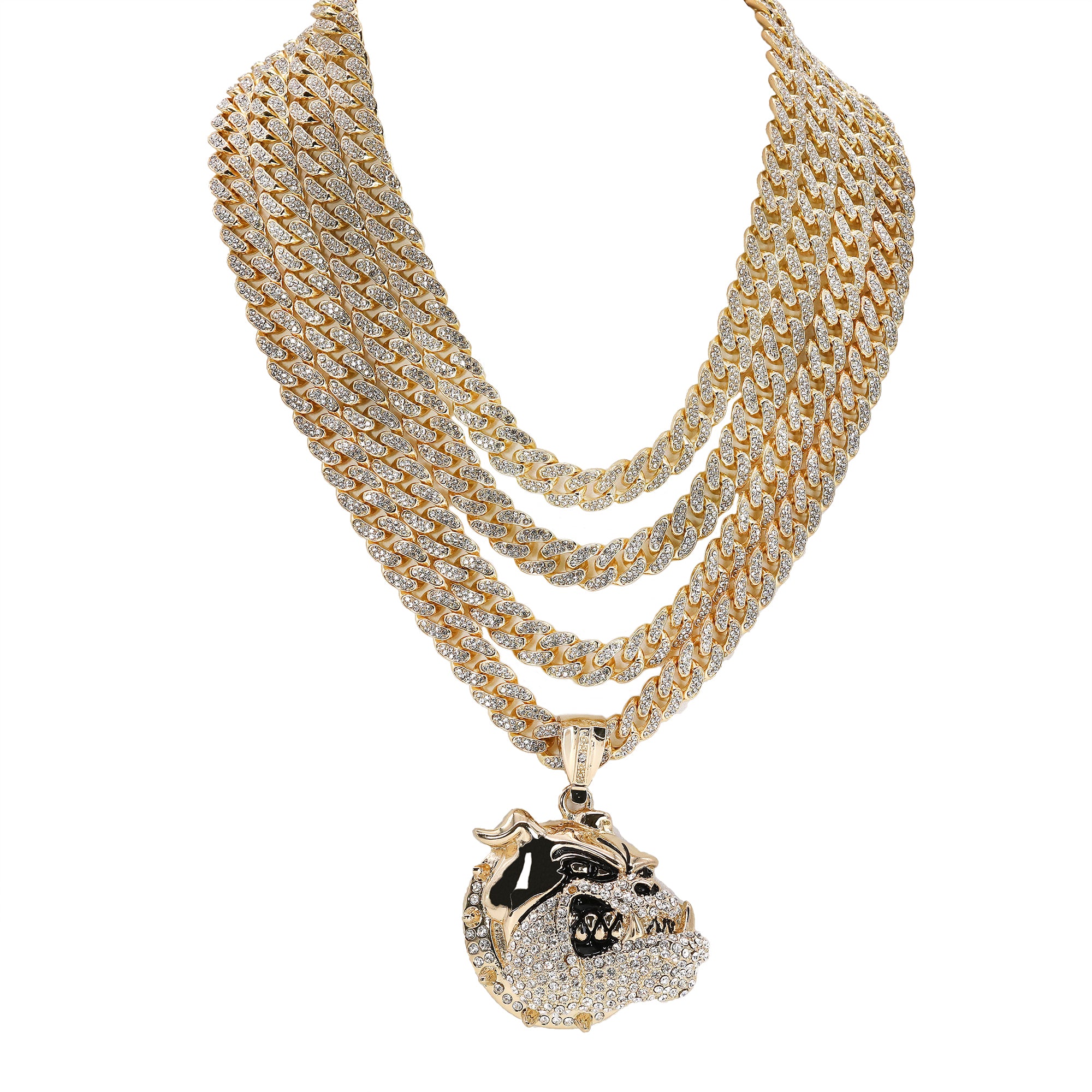 Hip Hop Fully Iced Large Gold Plated American Bulldog Pendant Cuban Chain 18 - 24"