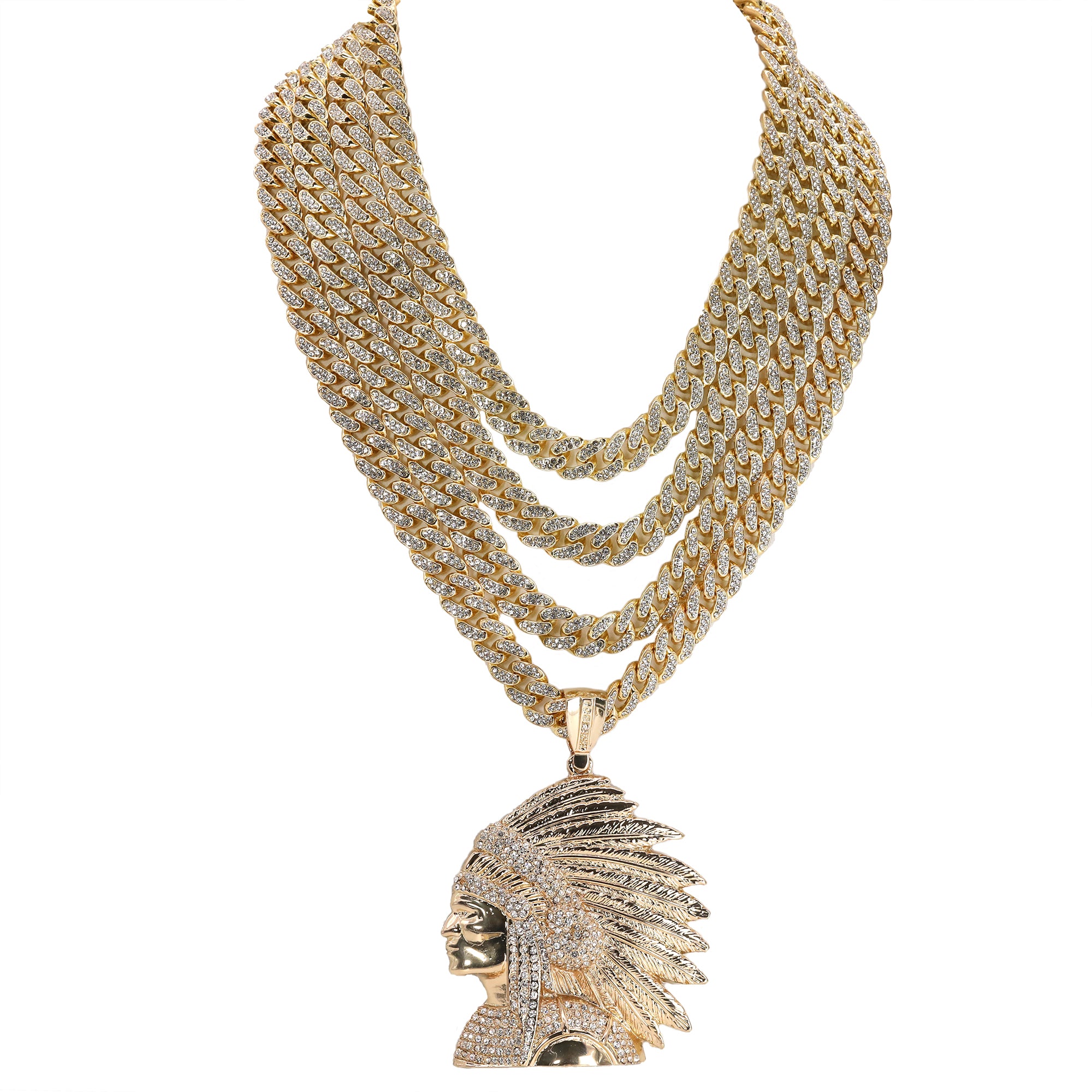Native American Indian Chief Head Necklace for Men – Gold Plated Cuban Chain