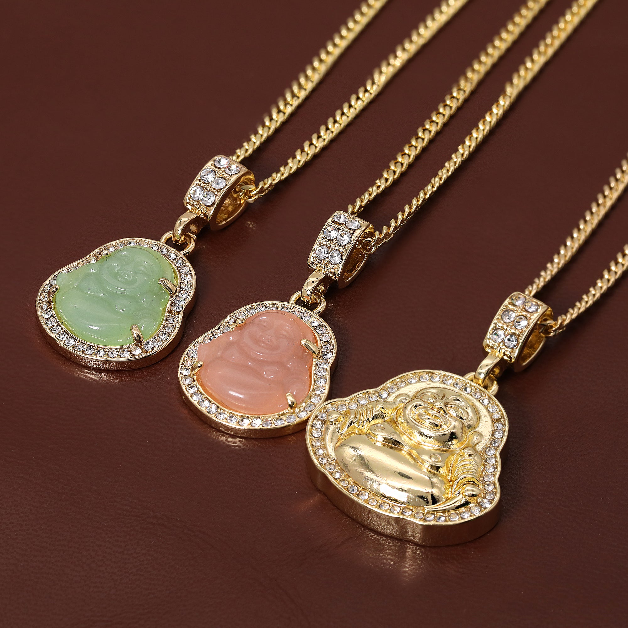 14k Gold Plated Light Pink, Light Green Buddha 3 Pendant Cubic-Zirconia 30 30 24 Cuban Chain