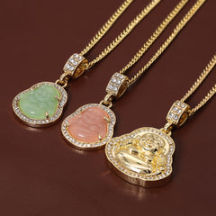 14k Gold Plated Light Pink, Light Green Buddha 3 Pendant Cubic-Zirconia 30 30 24 Cuban Chain