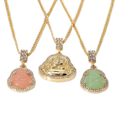 14k Gold Plated Light Pink, Light Green Buddha 3 Pendant Cubic-Zirconia 30 30 24 Cuban Chain