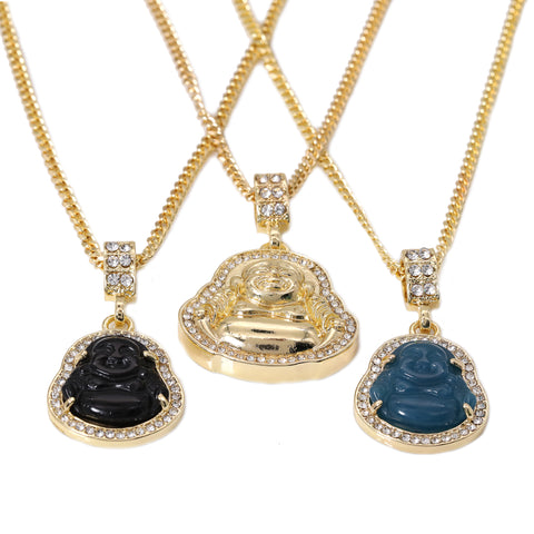 14k Gold Plated Black, Blue Buddha 3 Pendant Cubic-Zirconia 30 30 24 Cuban Chain